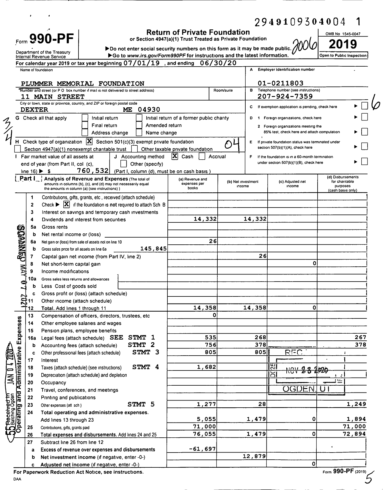 Image of first page of 2019 Form 990PF for Plummer Memorial Foundation
