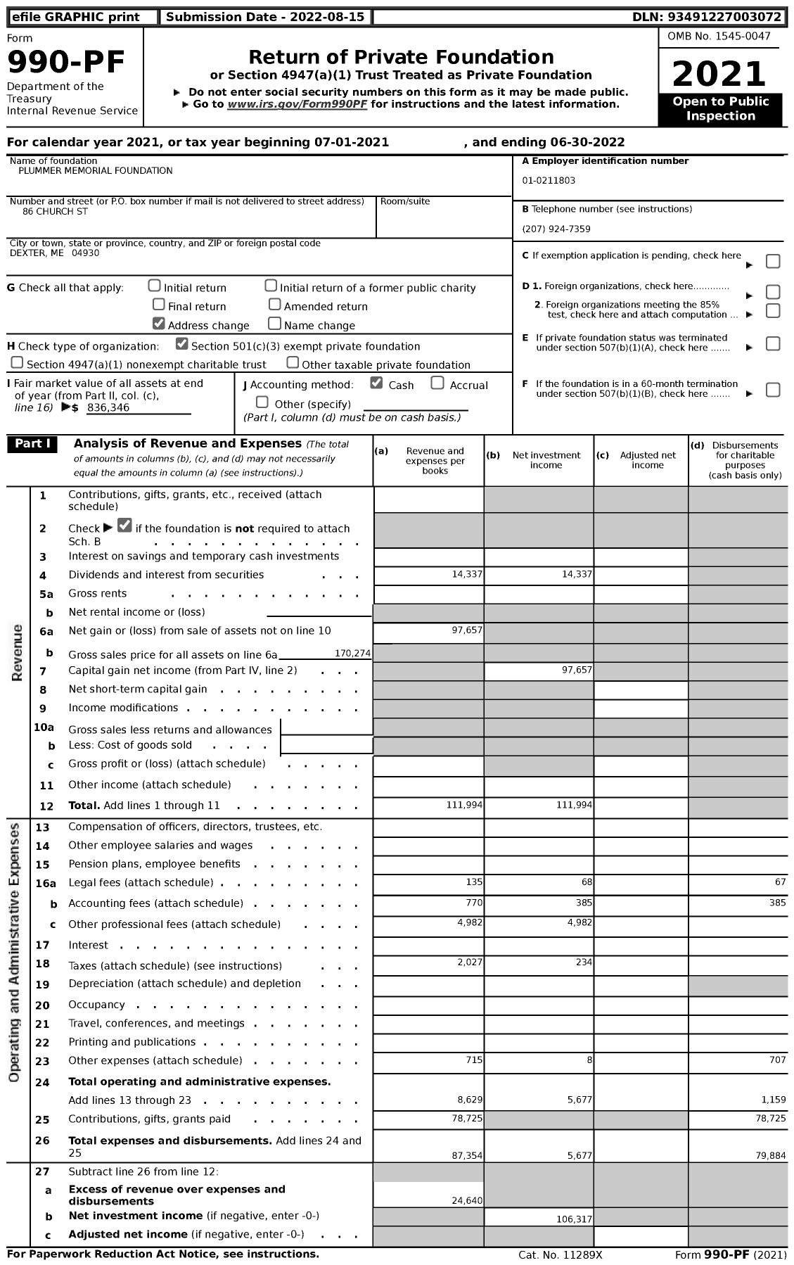 Image of first page of 2021 Form 990PF for Plummer Memorial Foundation