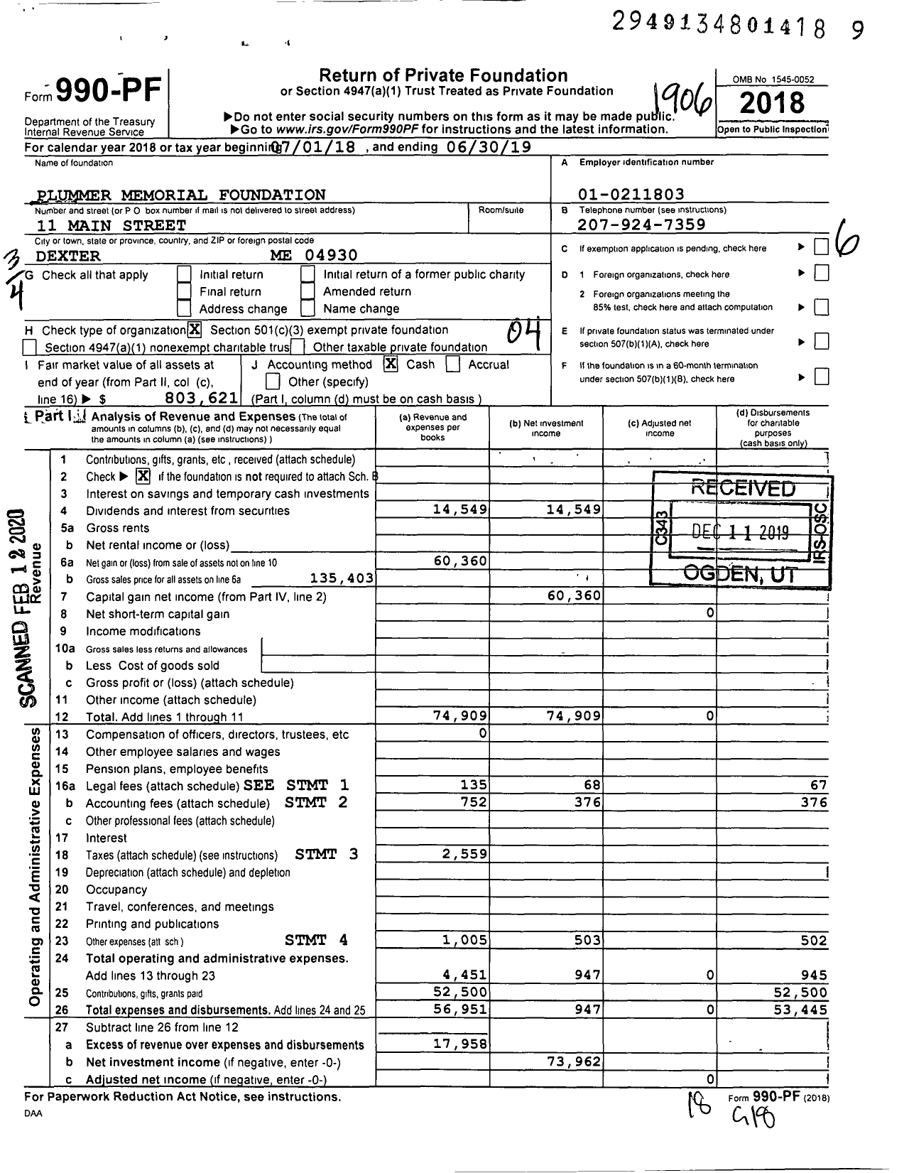 Image of first page of 2018 Form 990PF for Plummer Memorial Foundation