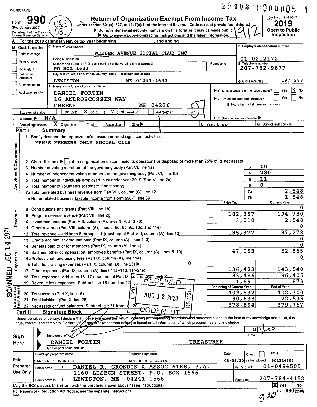 Image of first page of 2019 Form 990O for Webber Avenue Social Club