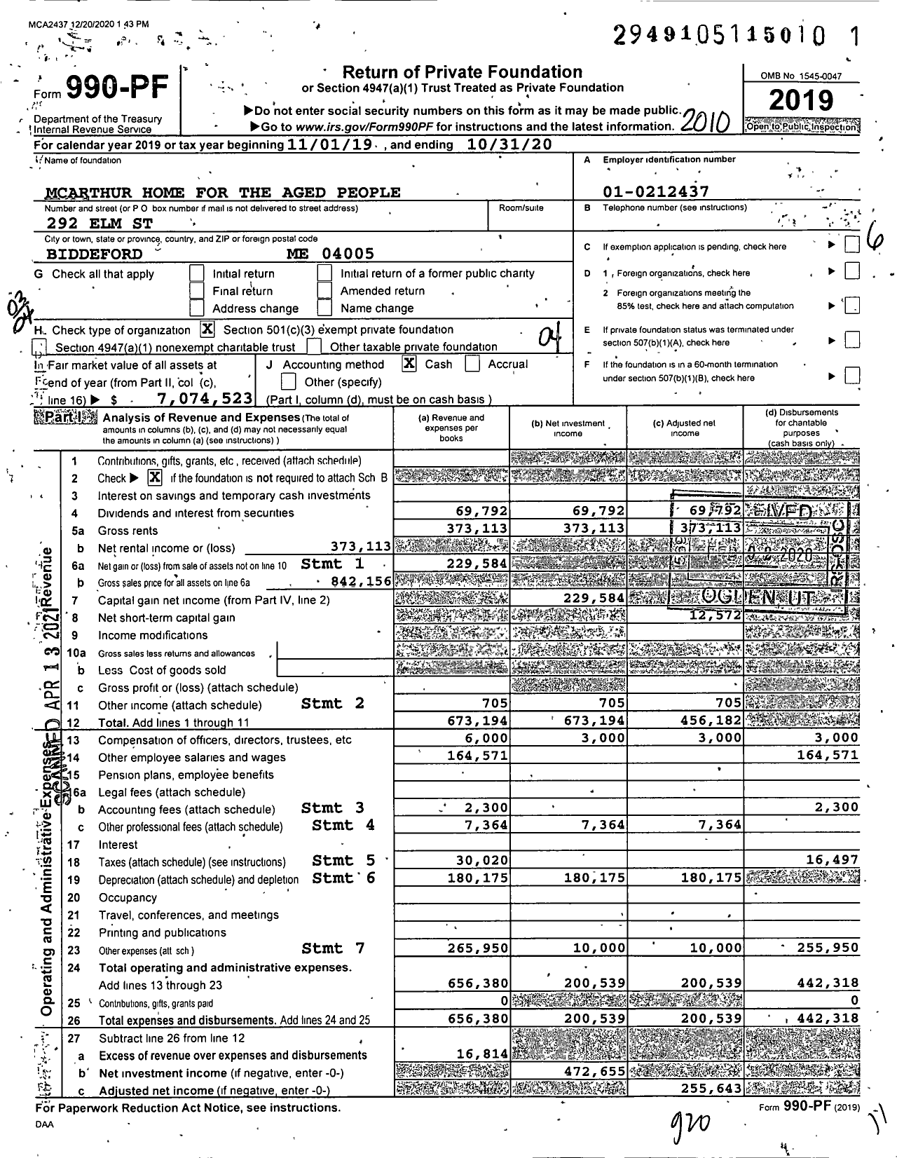 Image of first page of 2019 Form 990PF for Mcarthur Home for the Aged People