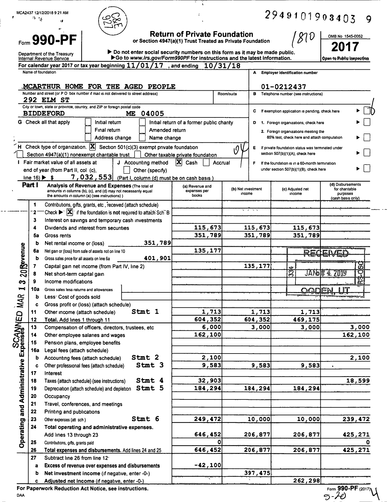 Image of first page of 2017 Form 990PF for Mcarthur Home for the Aged People