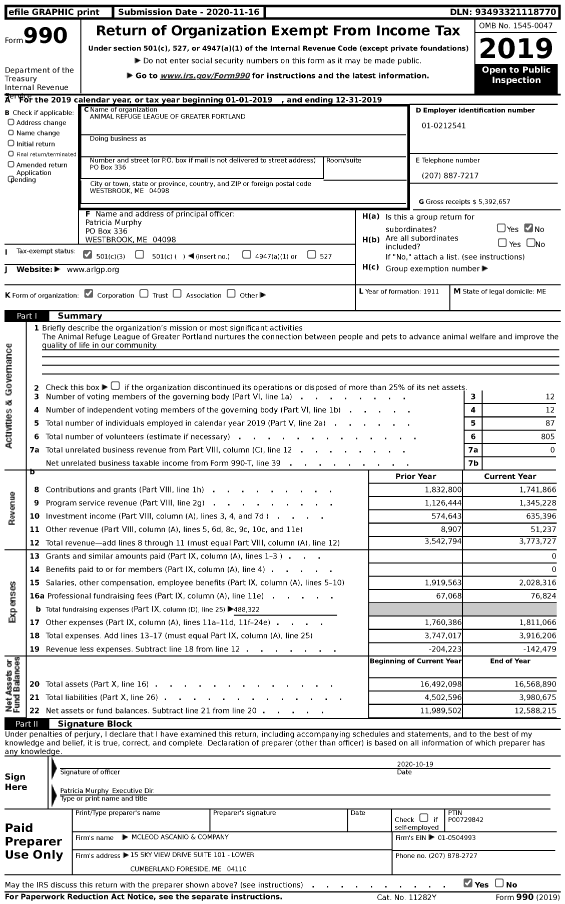 Image of first page of 2019 Form 990 for Animal Refuge League of Greater Portland (ARLGP)