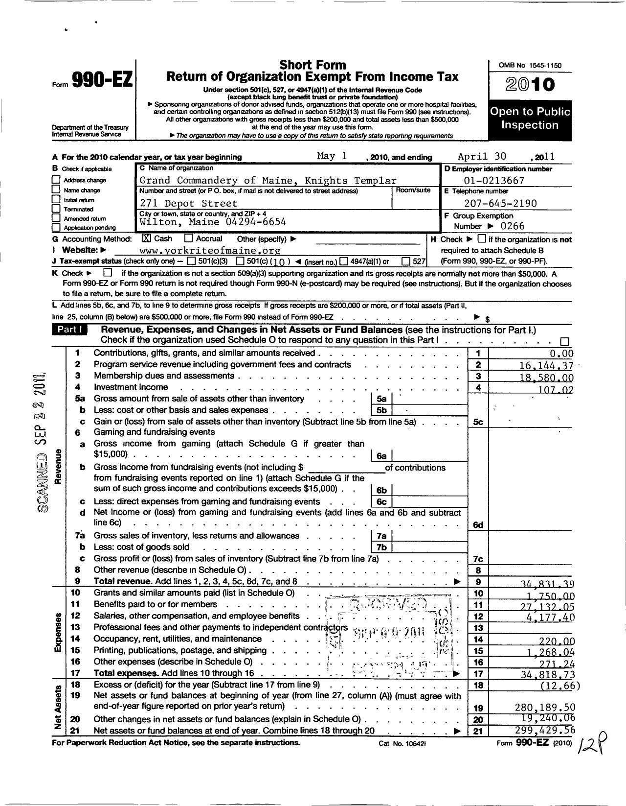 Image of first page of 2010 Form 990EO for Knights Templar - Grand Commandery of Maine