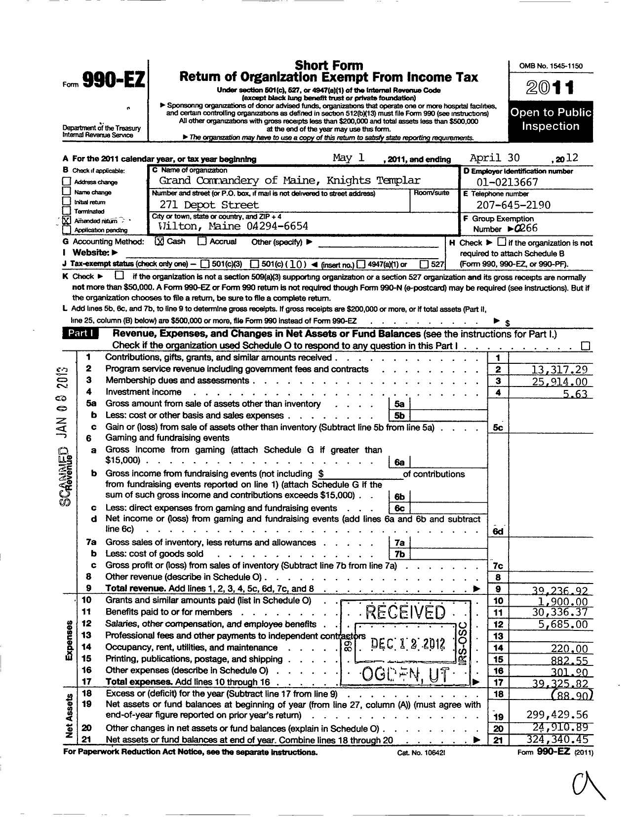 Image of first page of 2011 Form 990EO for Knights Templar - Grand Commandery of Maine