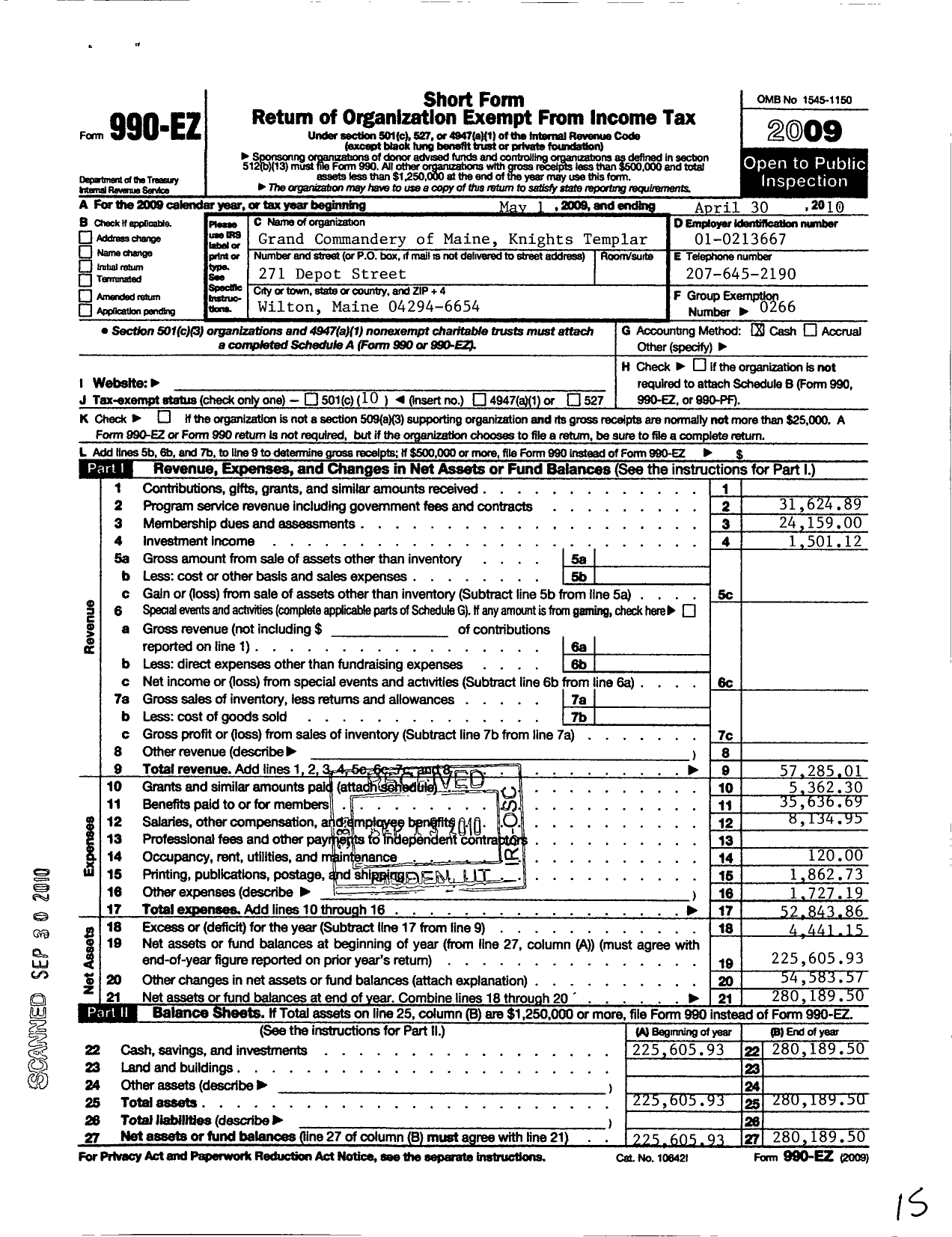 Image of first page of 2009 Form 990EO for Knights Templar - Grand Commandery of Maine