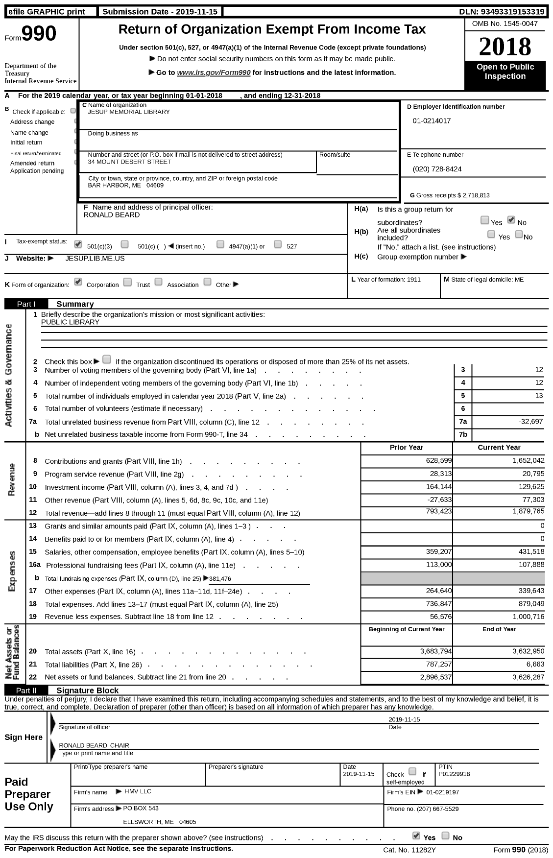 Image of first page of 2018 Form 990 for Jesup Memorial Library