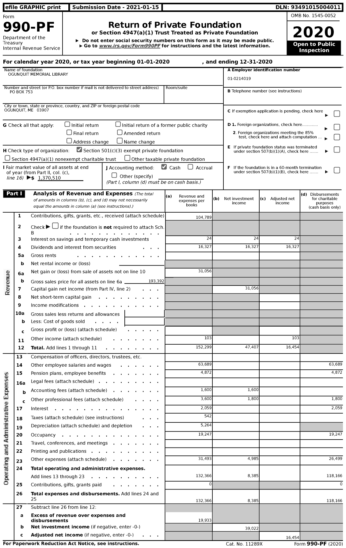 Image of first page of 2020 Form 990PF for Ogunquit Memorial Library