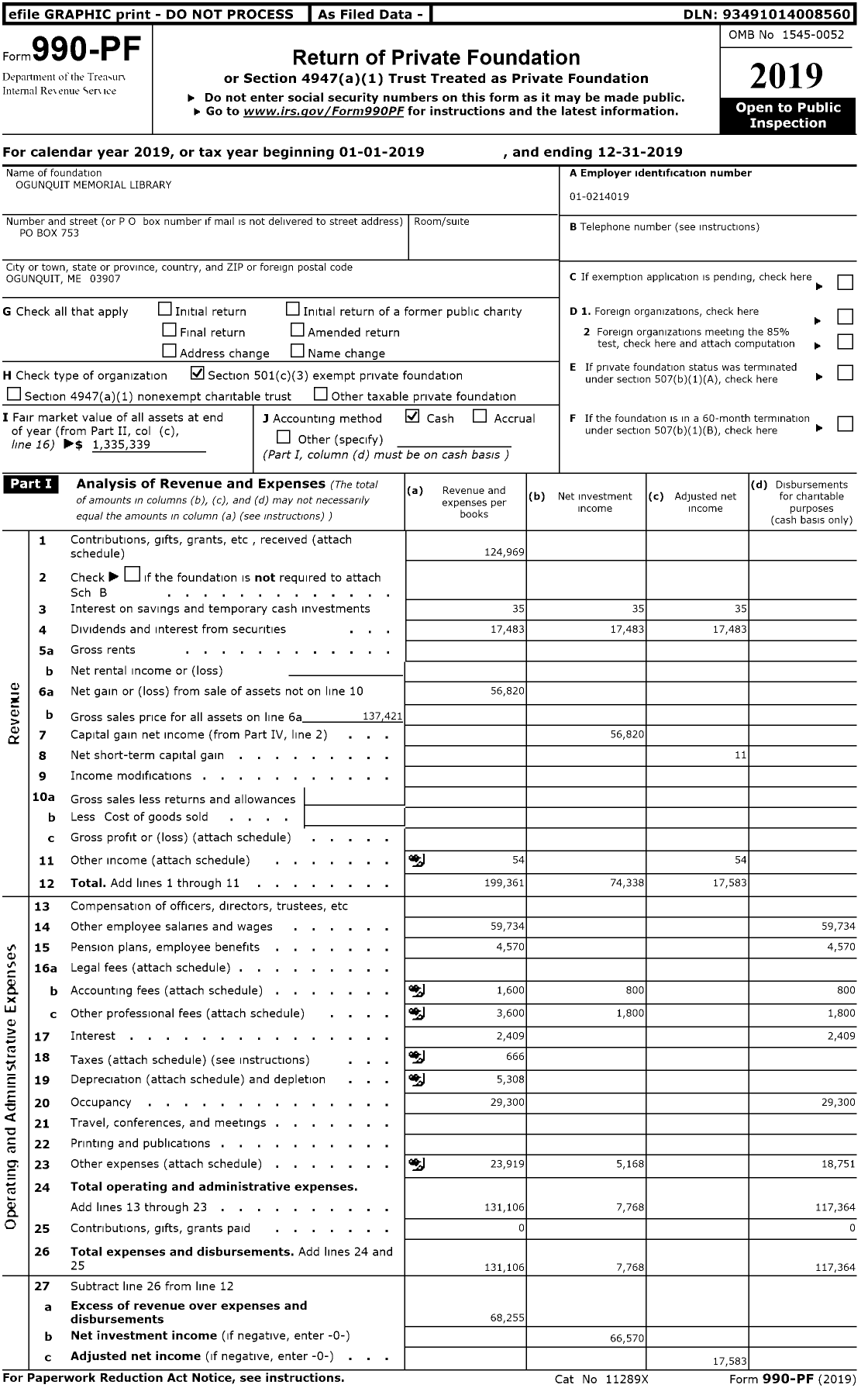 Image of first page of 2019 Form 990PR for Ogunquit Memorial Library