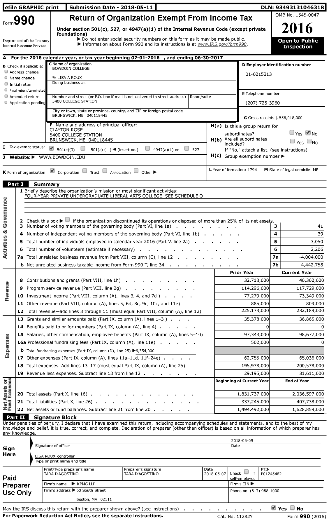 Image of first page of 2016 Form 990 for Bowdoin College