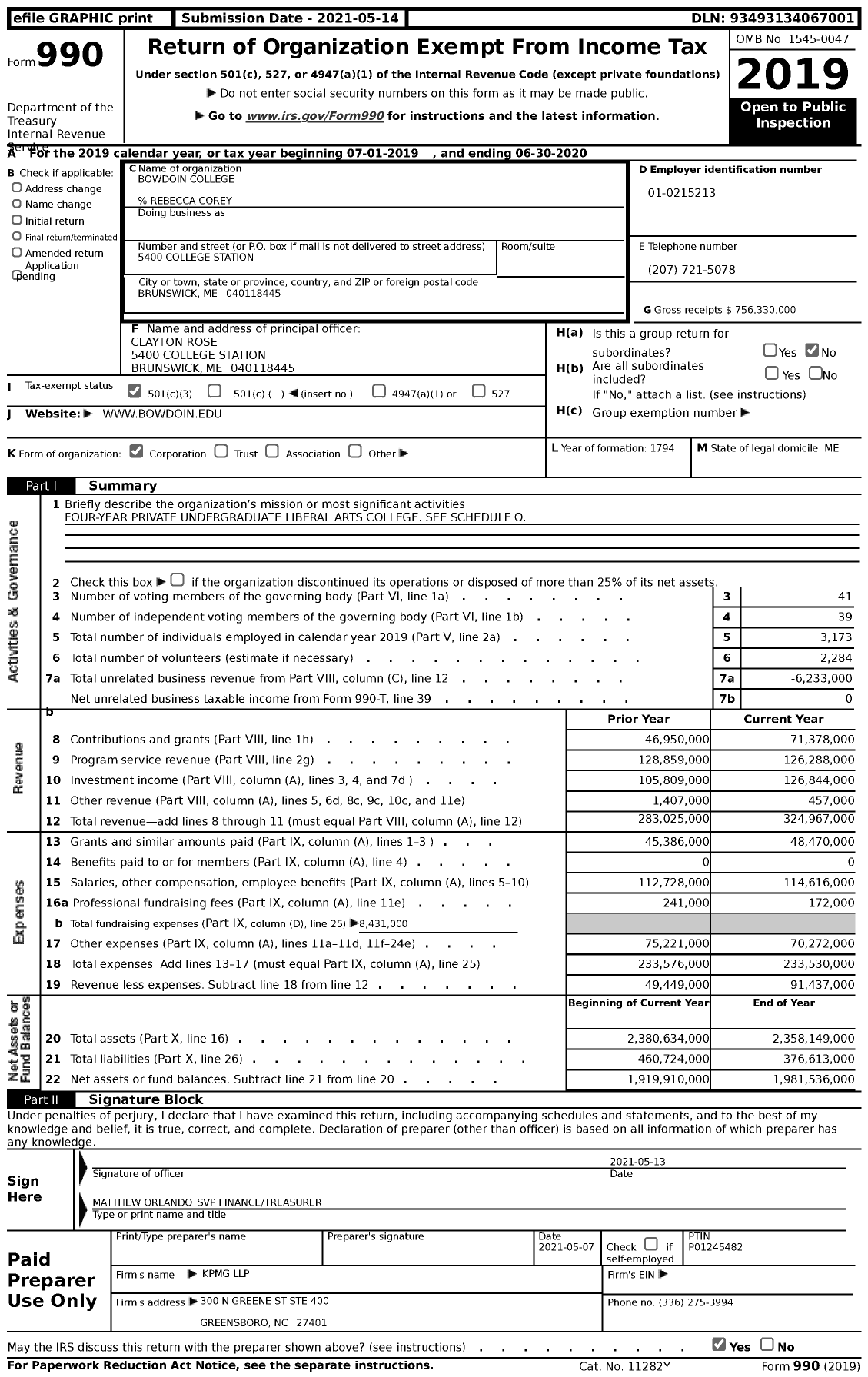 Image of first page of 2019 Form 990 for Bowdoin College