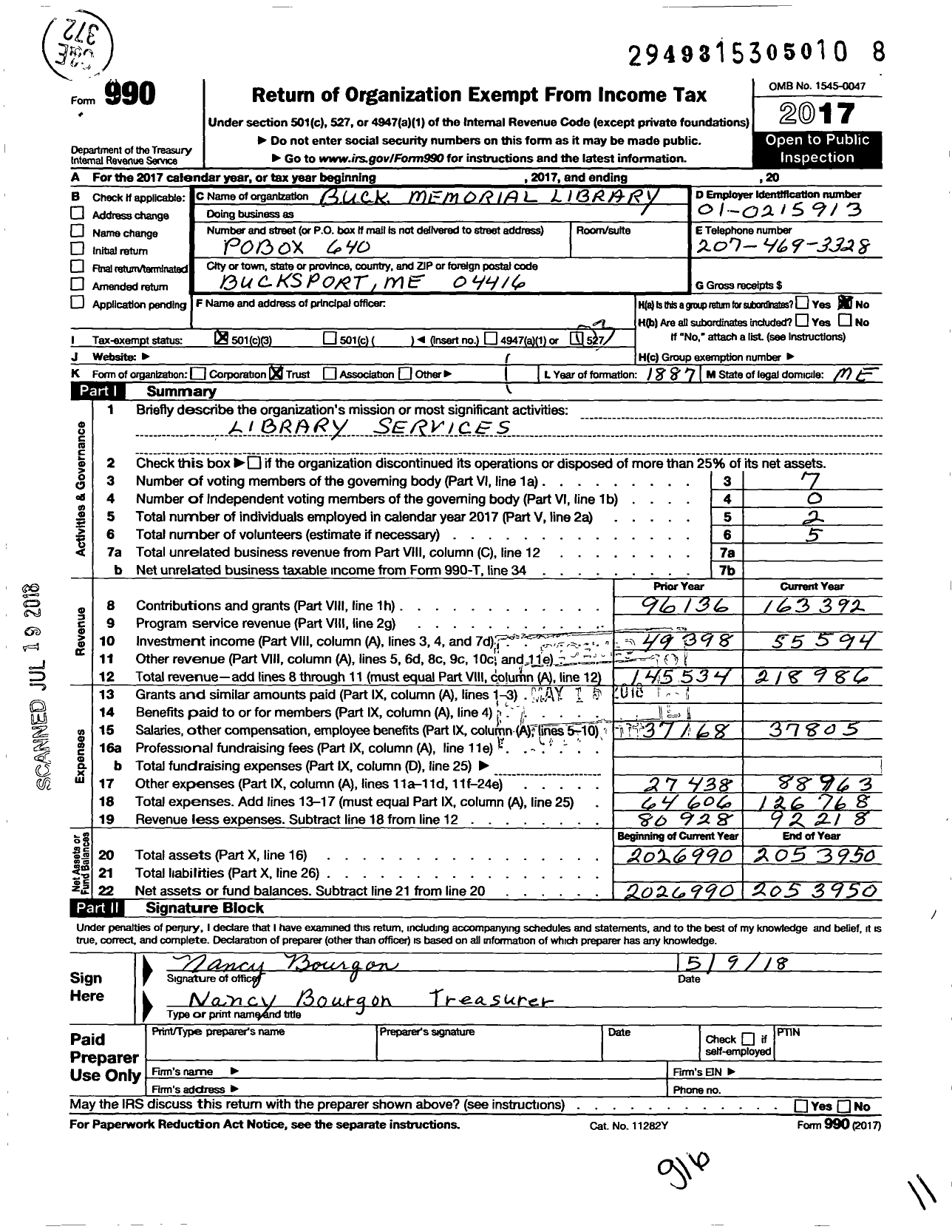 Image of first page of 2017 Form 990 for Buck Memorial Library