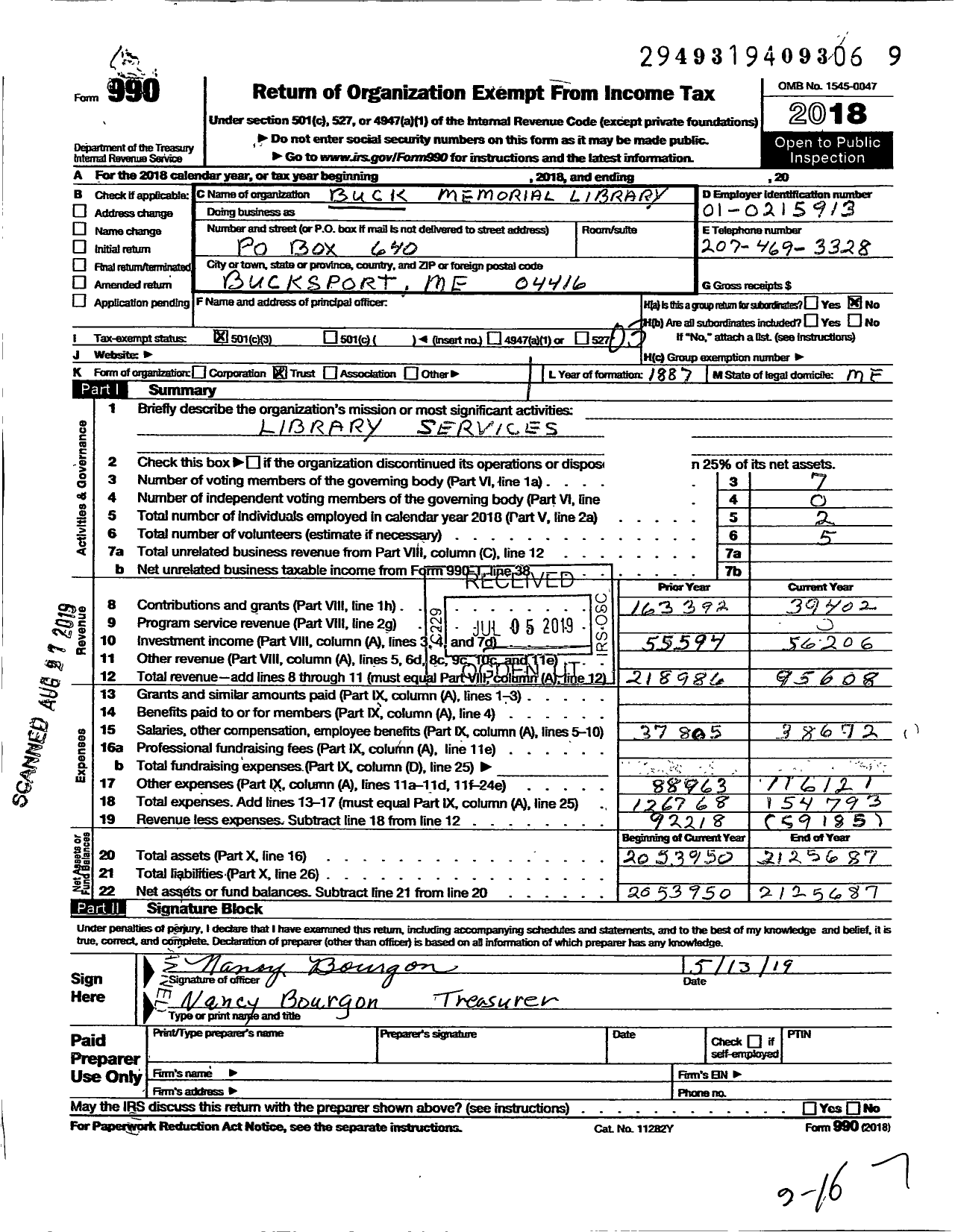 Image of first page of 2018 Form 990 for Buck Memorial Library