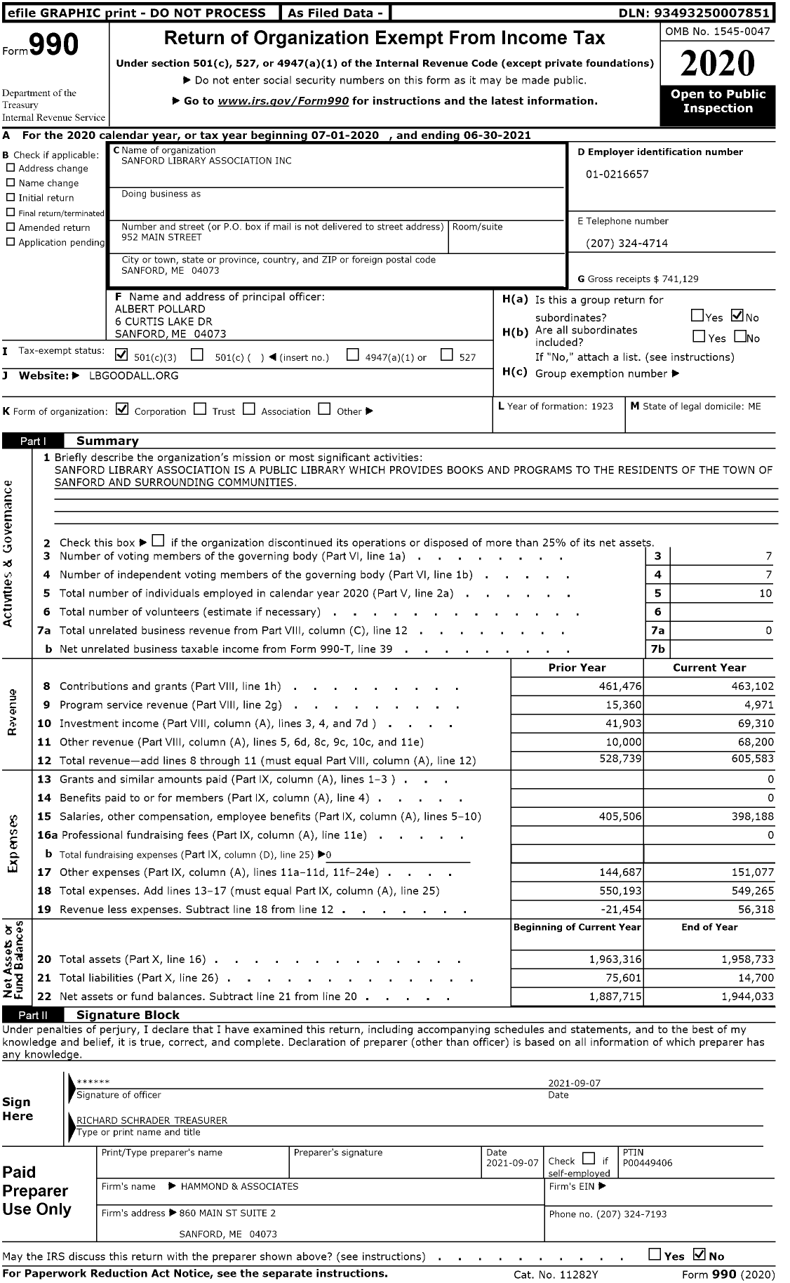 Image of first page of 2020 Form 990 for Sanford Library Association