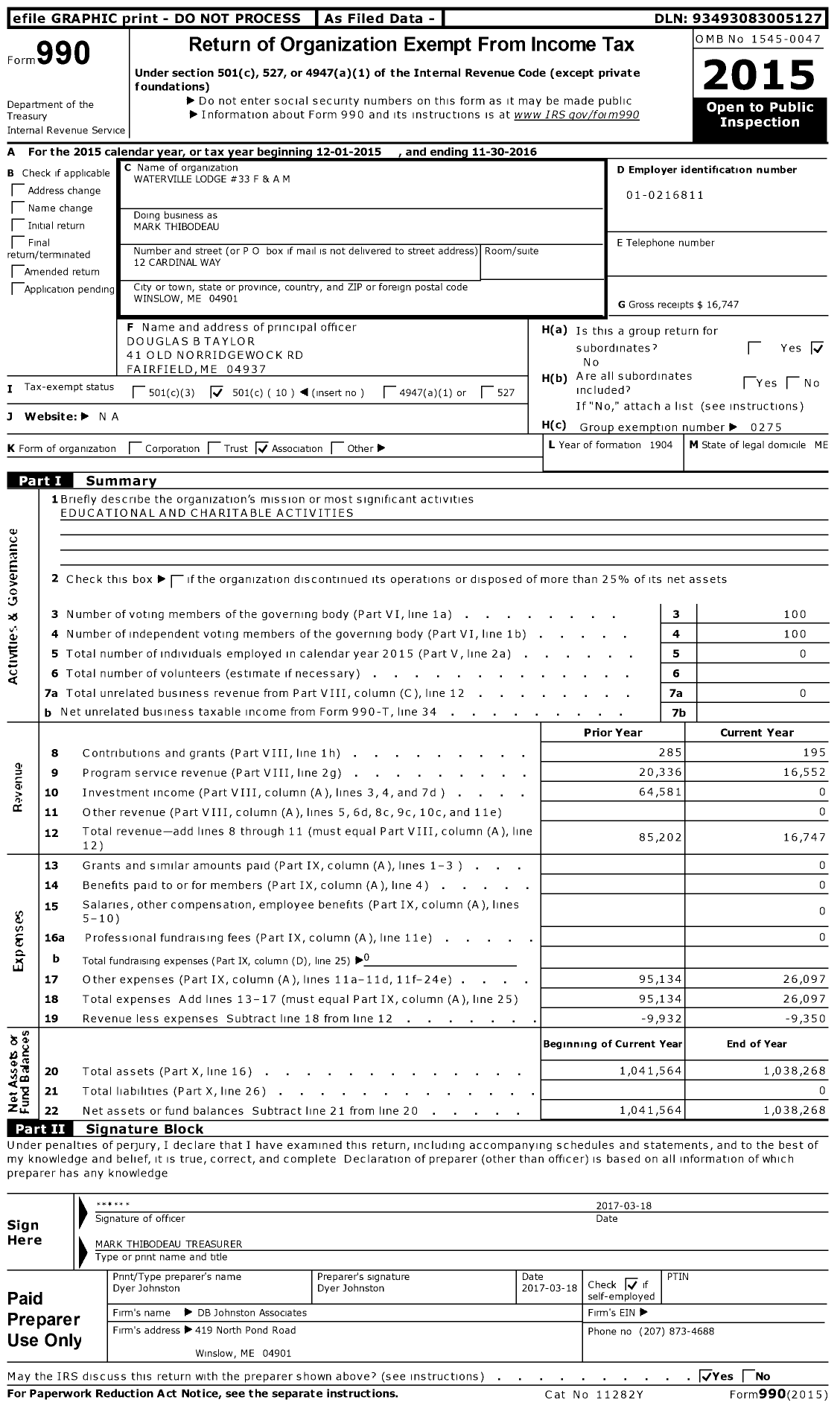 Image of first page of 2015 Form 990O for Ancient Free and Accepted Masons of Maine - 33 Waterville