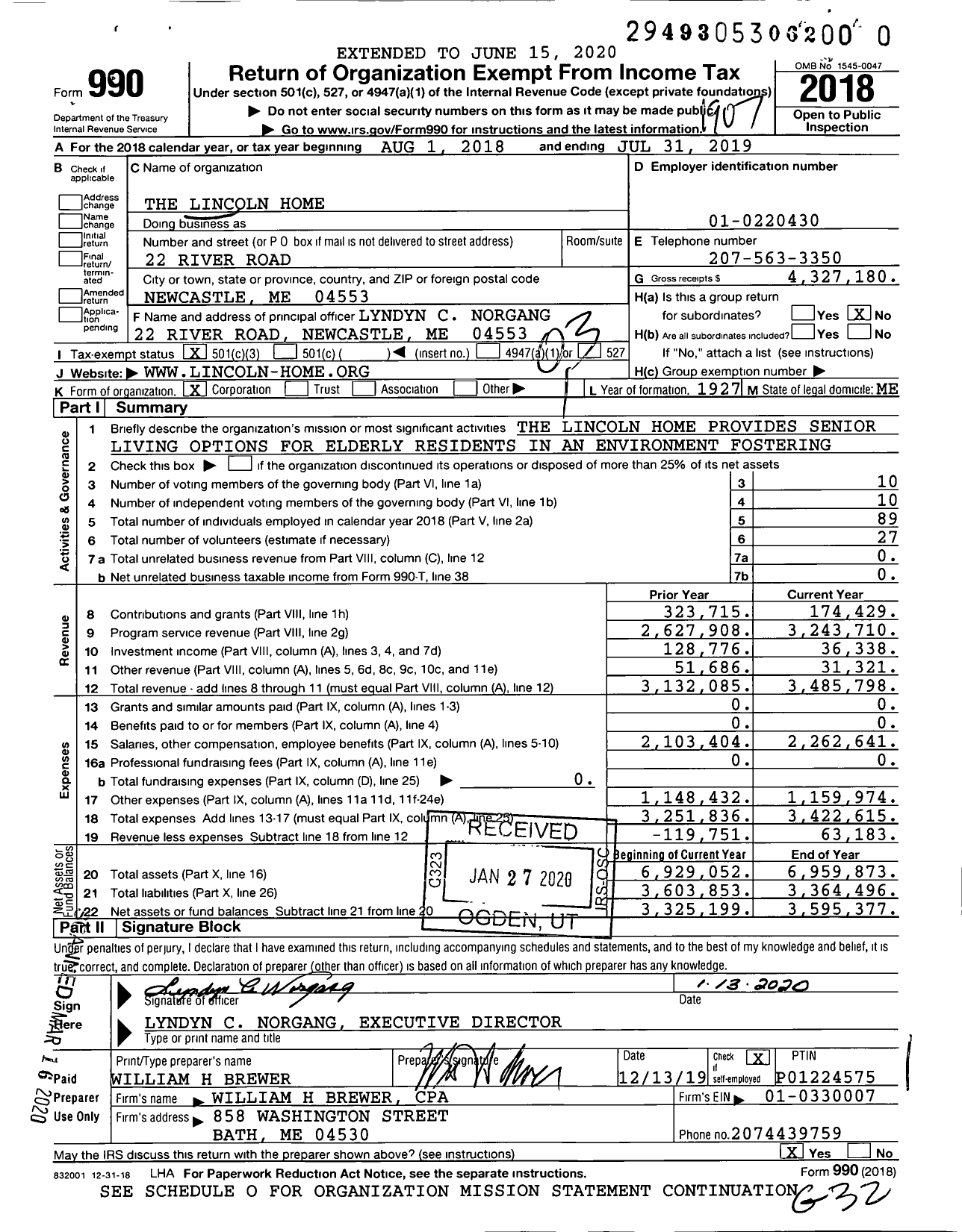 Image of first page of 2018 Form 990 for The Lincoln Home