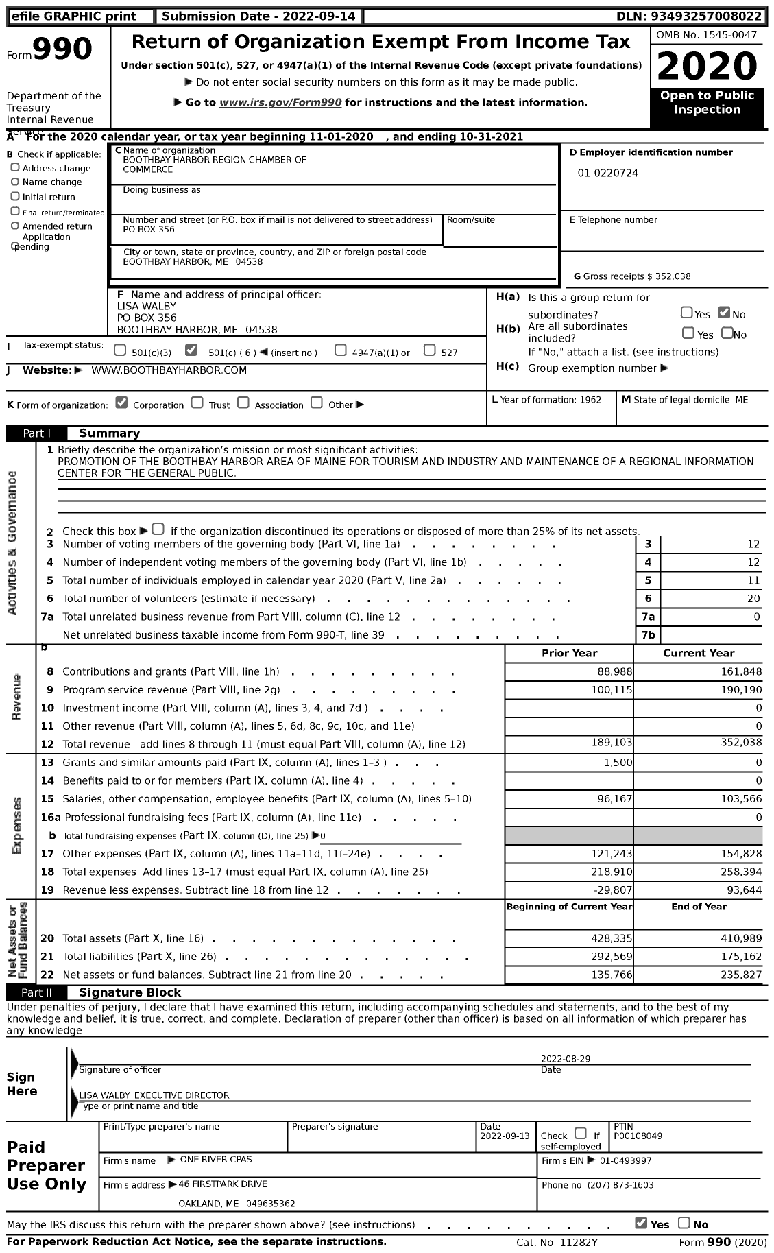 Image of first page of 2020 Form 990 for Boothbay Harbor Region Chamber of Commerce