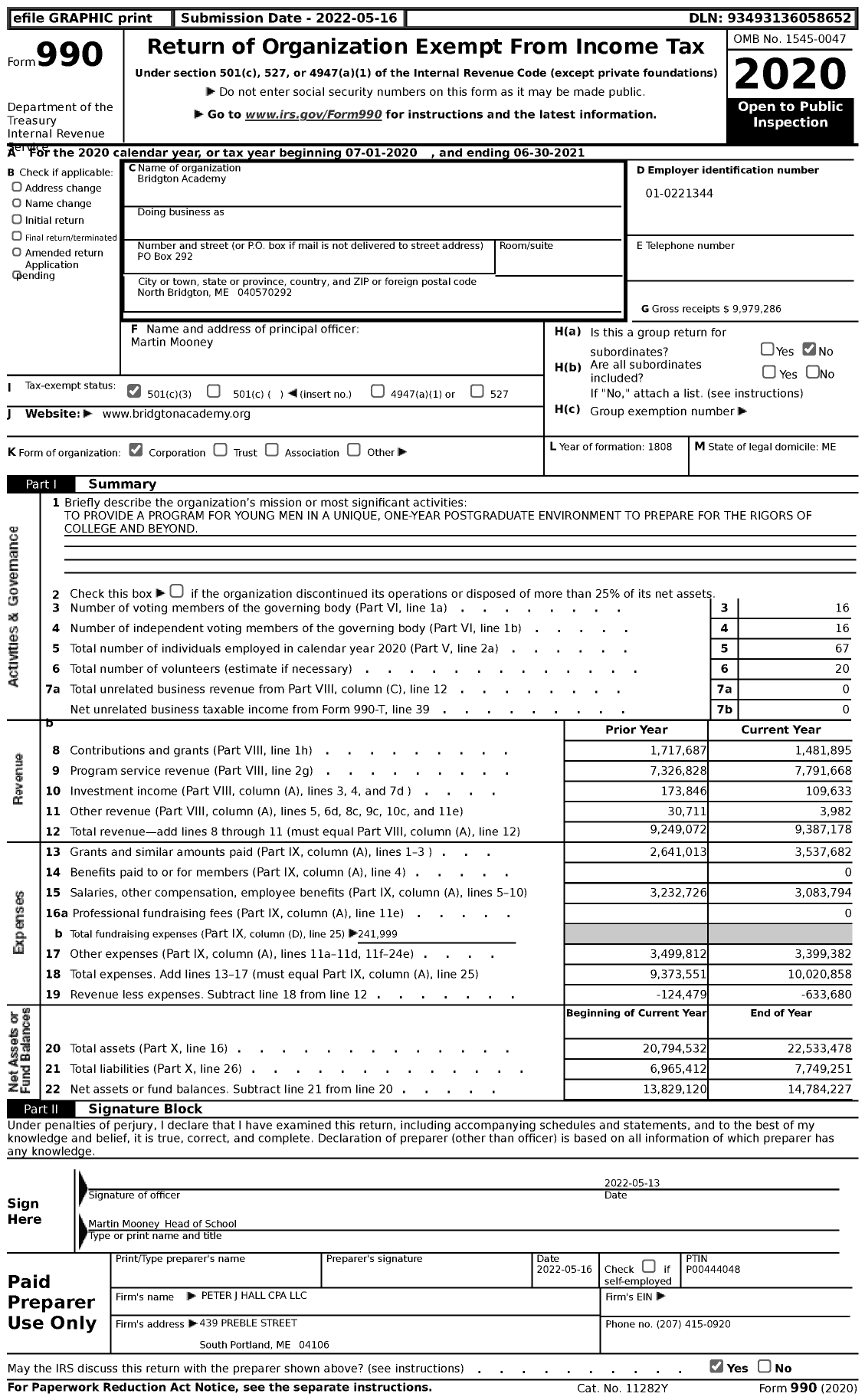 Image of first page of 2020 Form 990 for Bridgton Academy