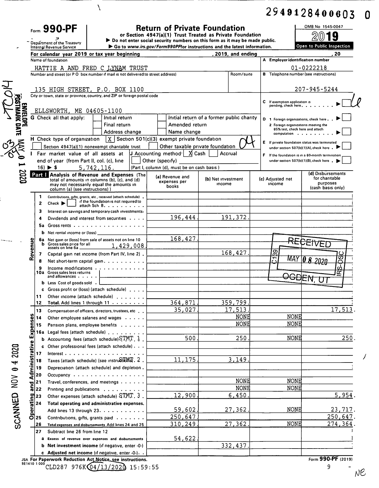 Image of first page of 2019 Form 990PF for Hattie A and Fred C Lynam Trust