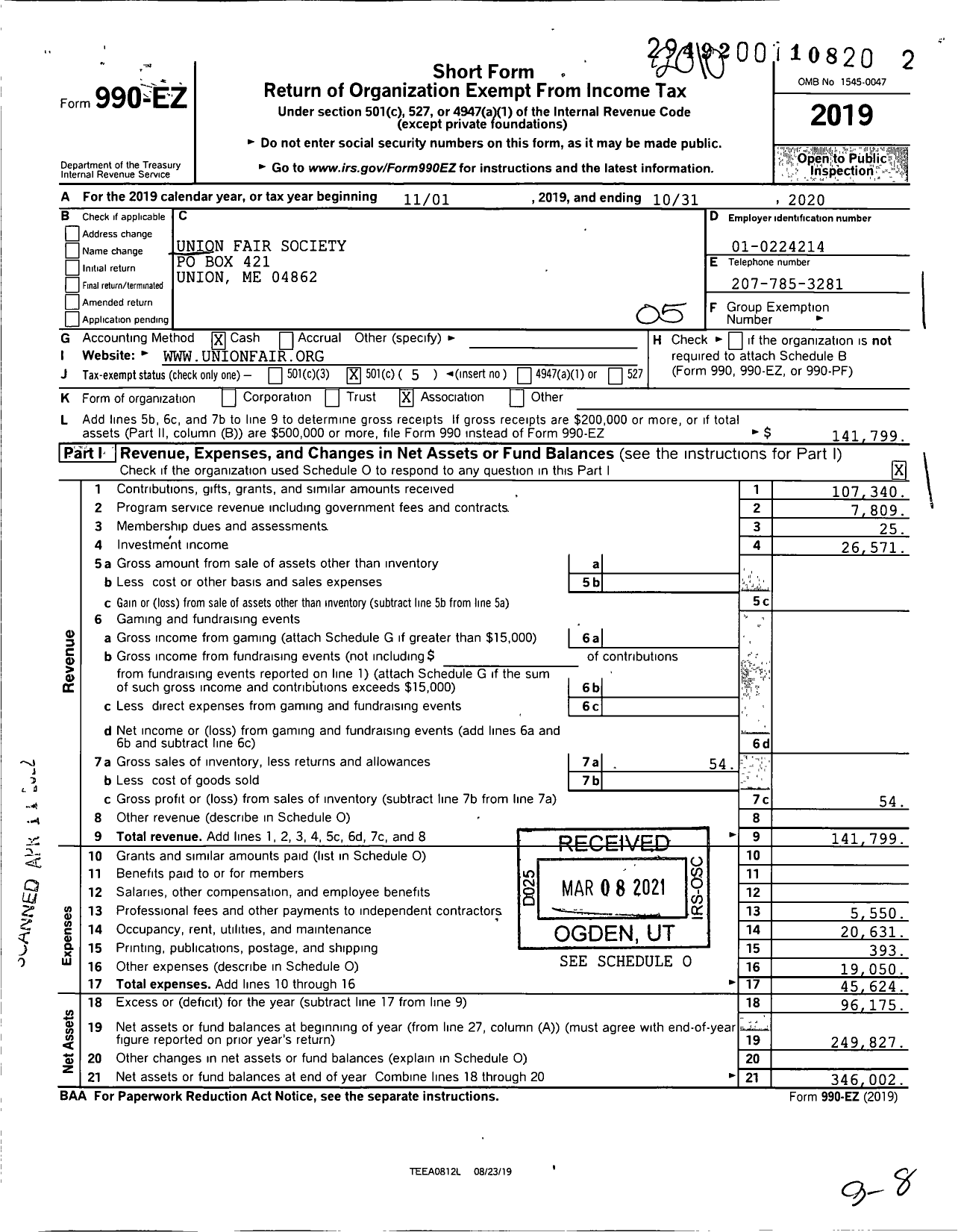 Image of first page of 2019 Form 990EO for Union Fair Society