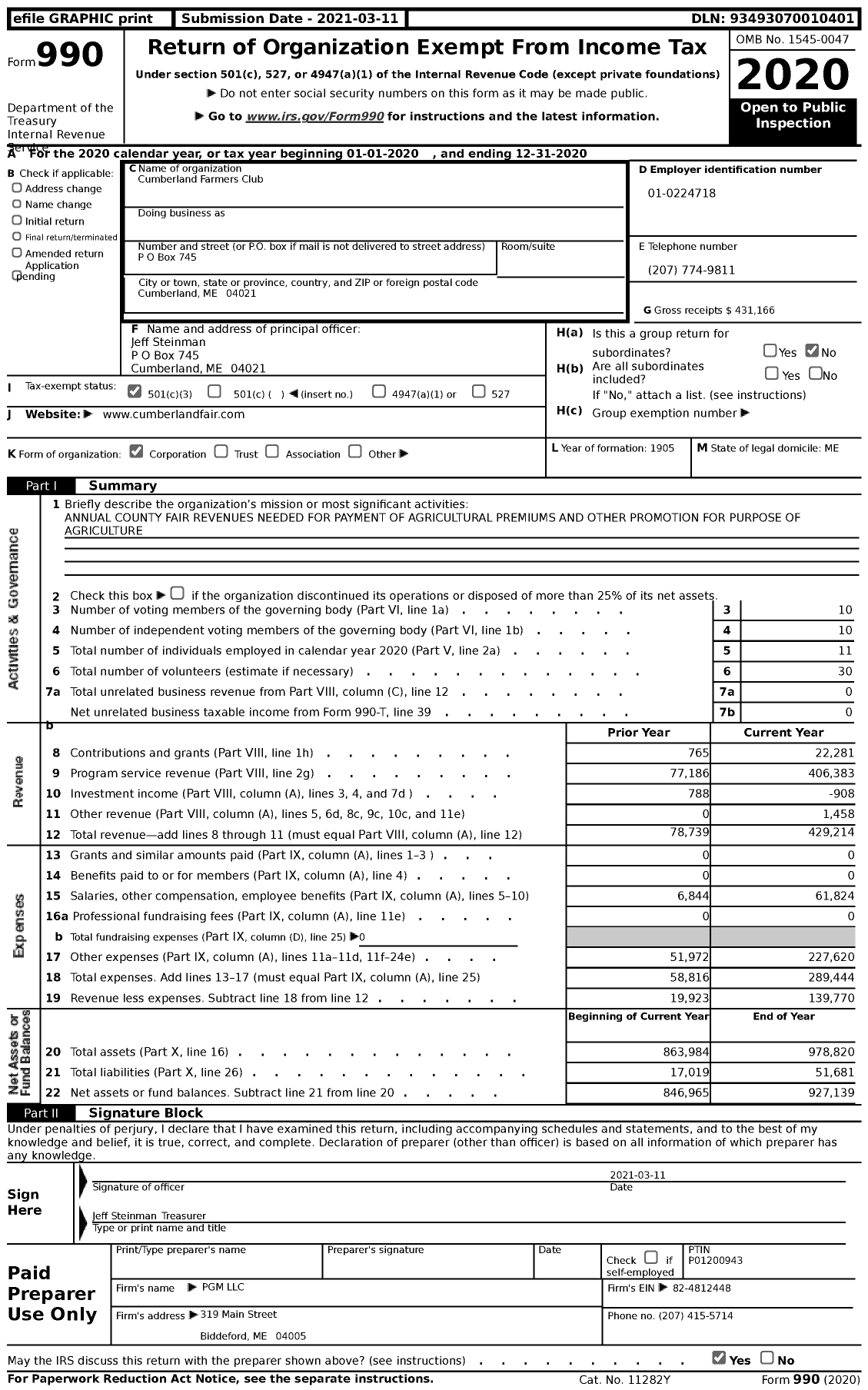 Image of first page of 2020 Form 990 for Cumberland Farmers Club