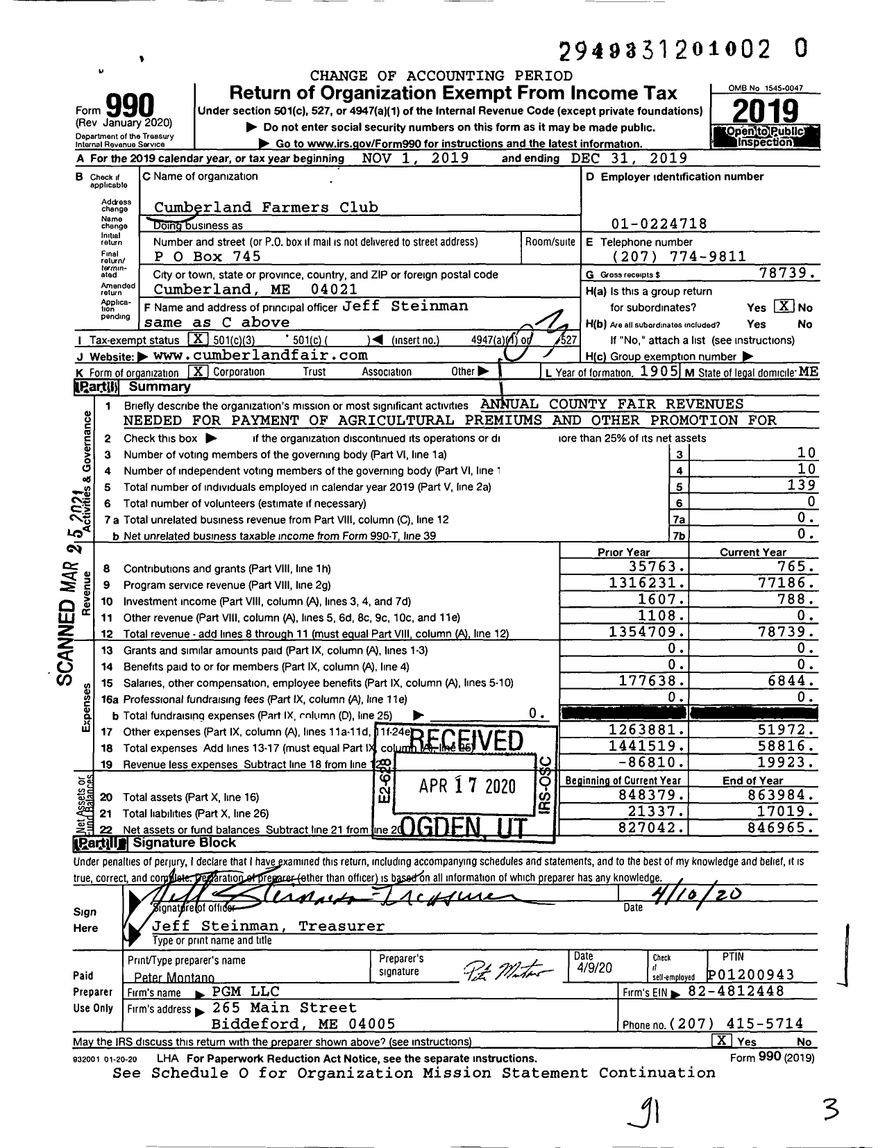 Image of first page of 2019 Form 990 for Cumberland Farmers Club