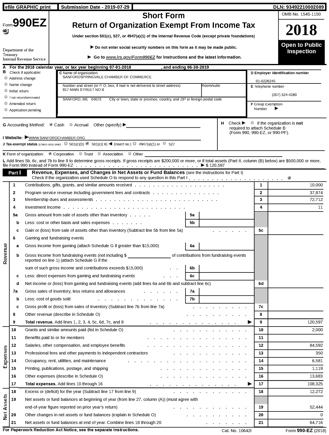 Image of first page of 2018 Form 990EZ for Sanfordspringvale Chamber of Commerce