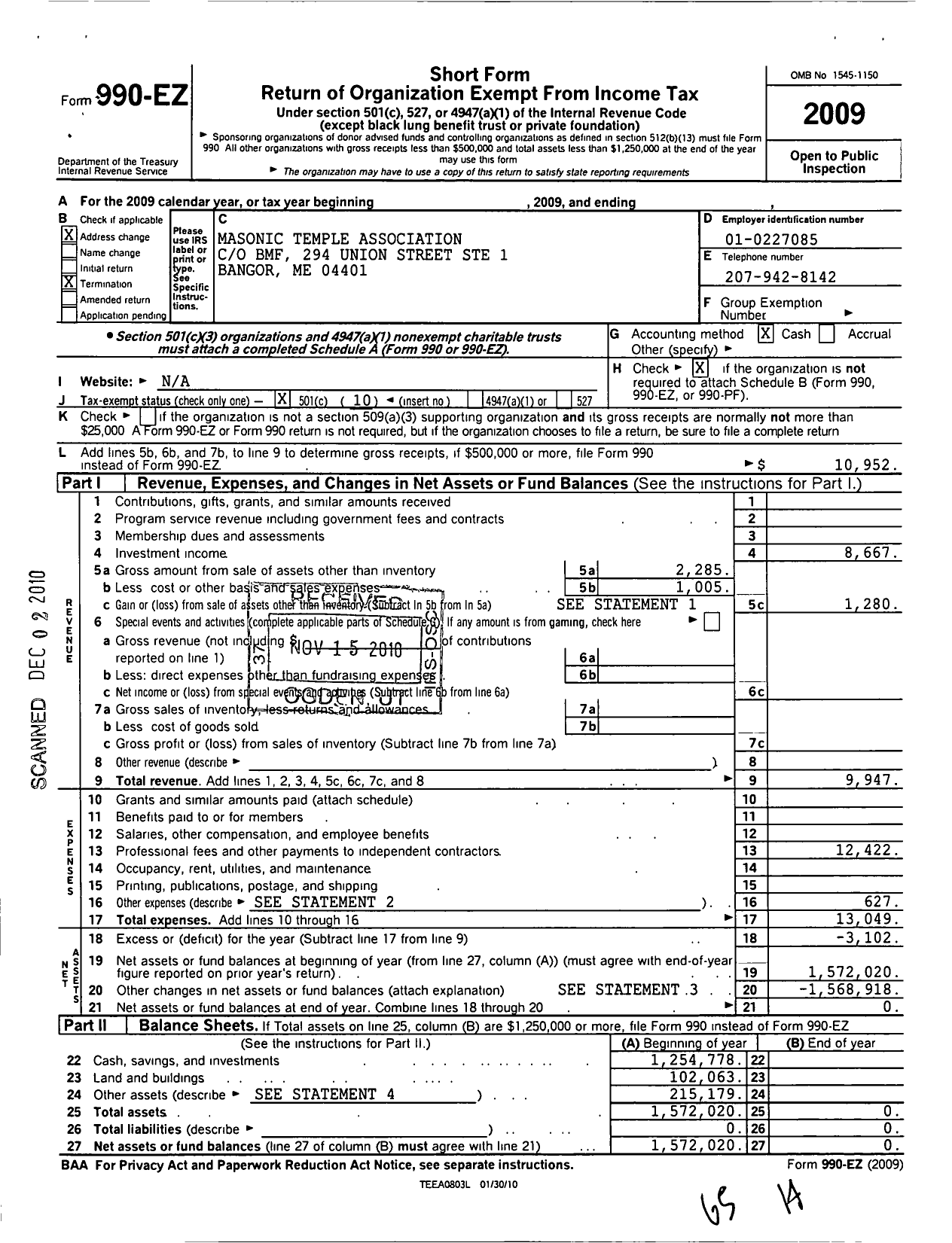 Image of first page of 2009 Form 990EO for Masonic Temple Association / Attn Treasurer