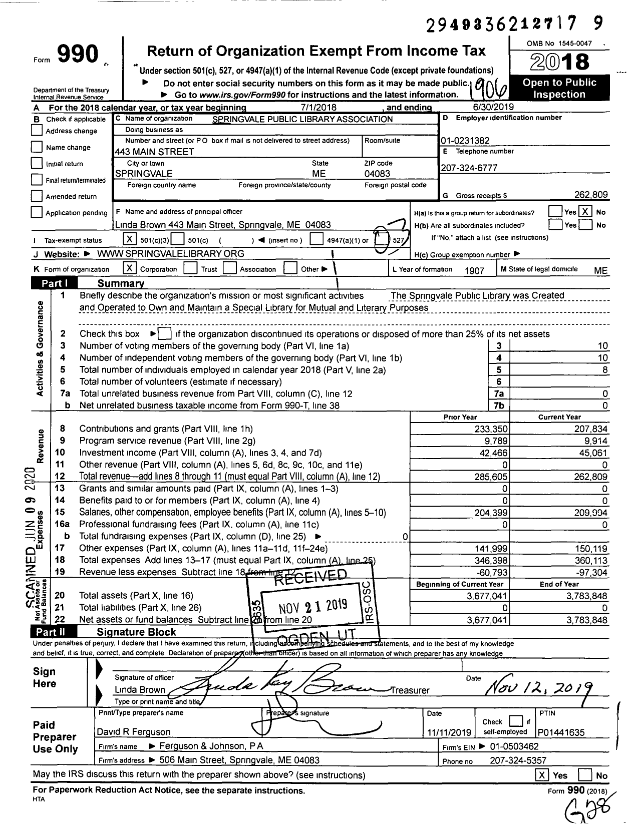 Image of first page of 2018 Form 990 for Springvale Public Library Association