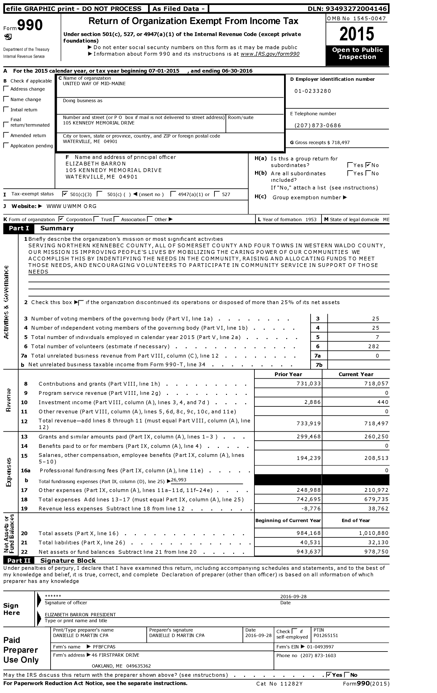 Image of first page of 2015 Form 990 for United Way of Mid-Maine