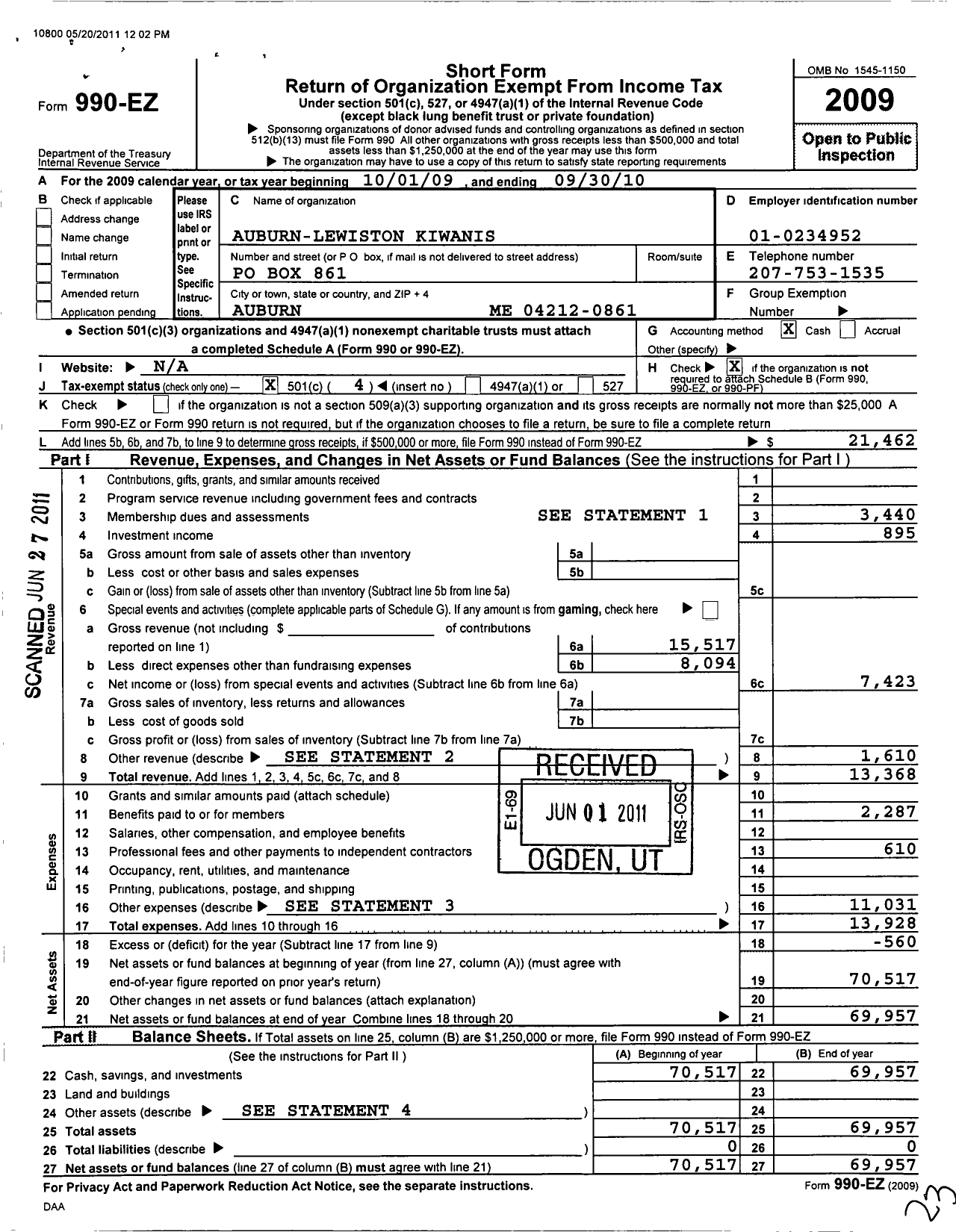 Image of first page of 2009 Form 990EO for Kiwanis International - K00778 Auburn Lewiston
