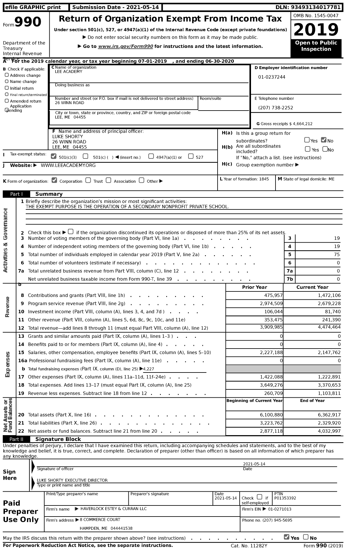 Image of first page of 2019 Form 990 for Lee Academy (LA)