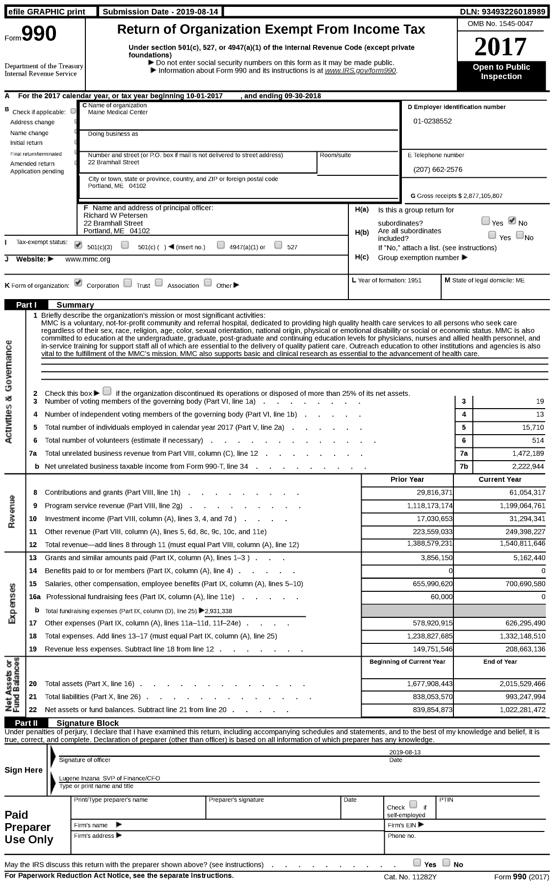 Image of first page of 2017 Form 990 for MaineHealth (MMC)