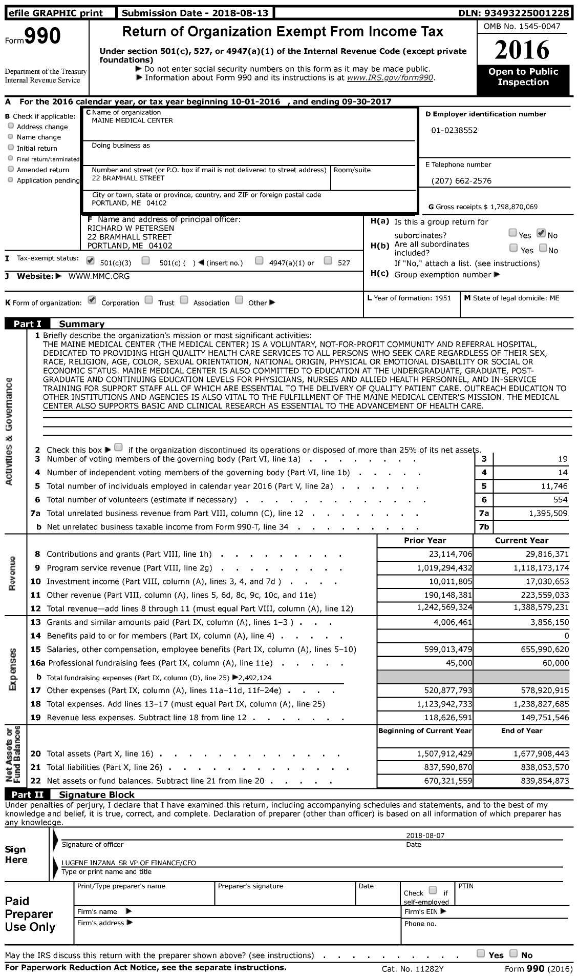 Image of first page of 2016 Form 990 for MaineHealth (MMC)