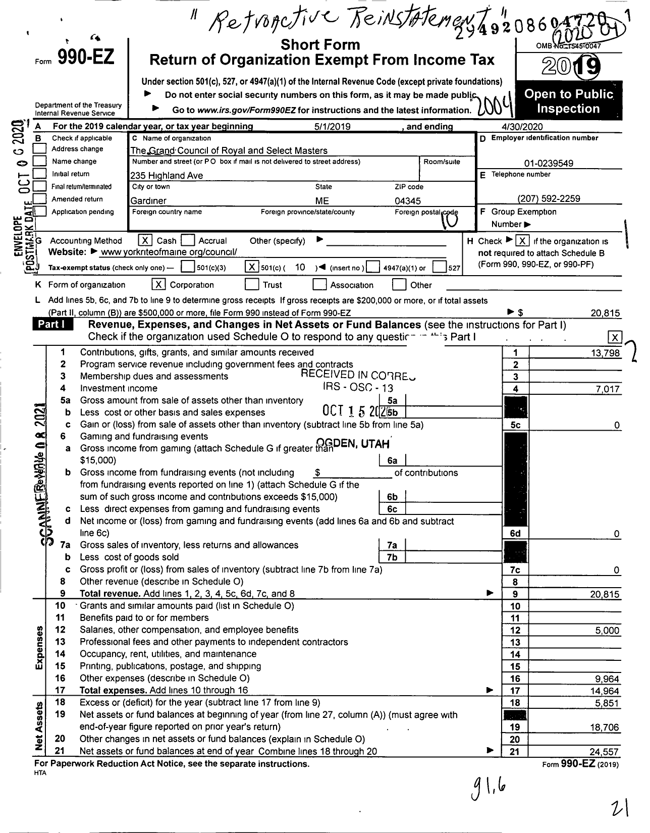 Image of first page of 2019 Form 990EO for The Grand Council of Royal and Select Masters