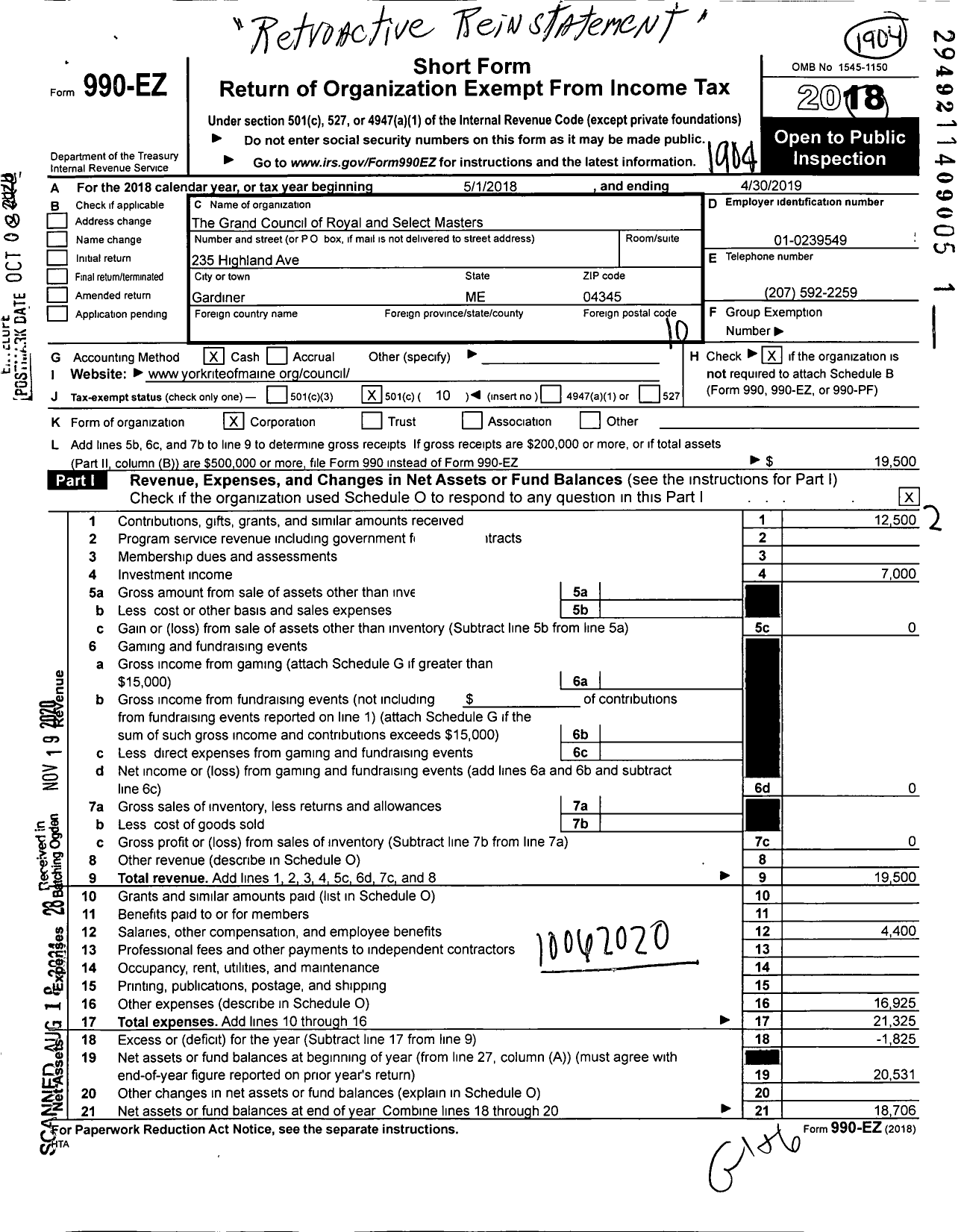 Image of first page of 2018 Form 990EO for The Grand Council of Royal and Select Masters