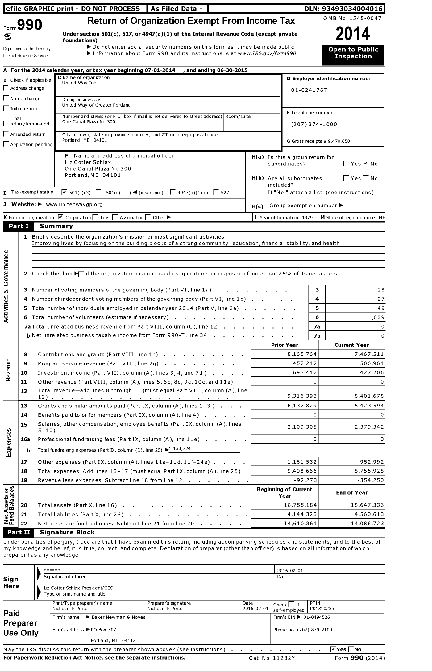 Image of first page of 2014 Form 990 for United Way of Southern Maine