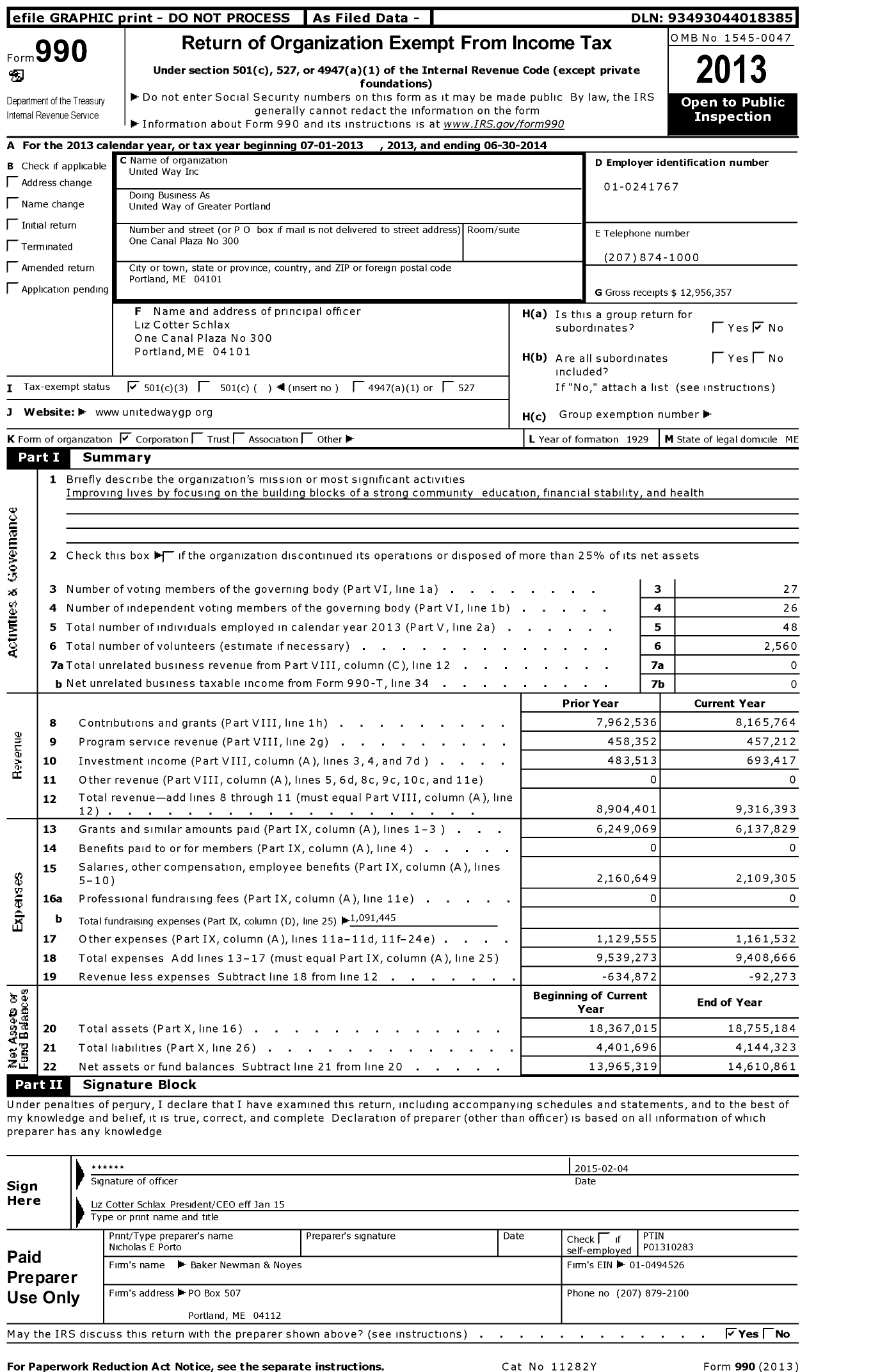 Image of first page of 2013 Form 990 for United Way of Southern Maine