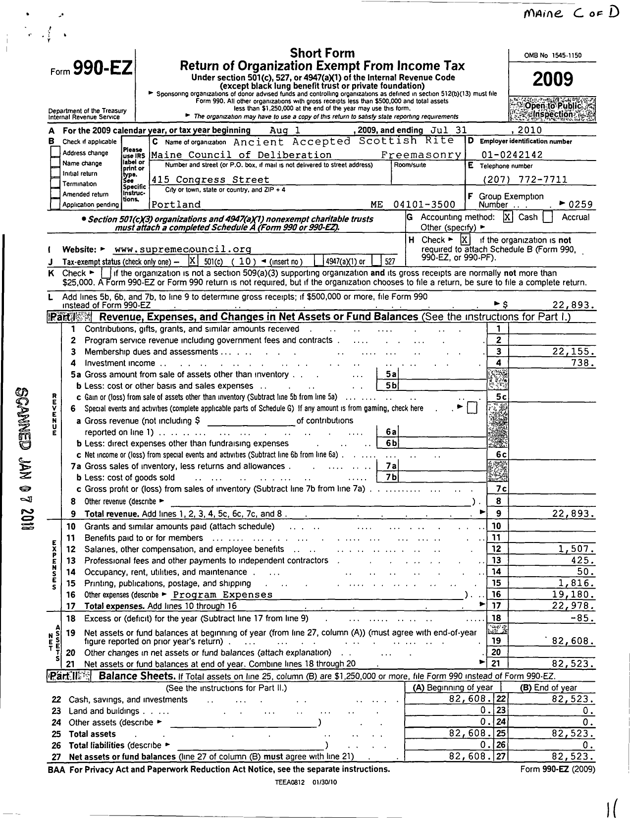 Image of first page of 2009 Form 990EO for Scottish Rite, NMJ - Maine Council of Deliberation