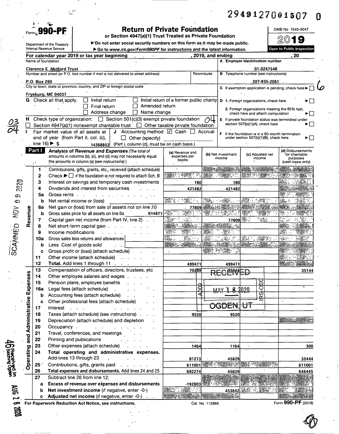 Image of first page of 2019 Form 990PF for Clarence E Mulford Trust