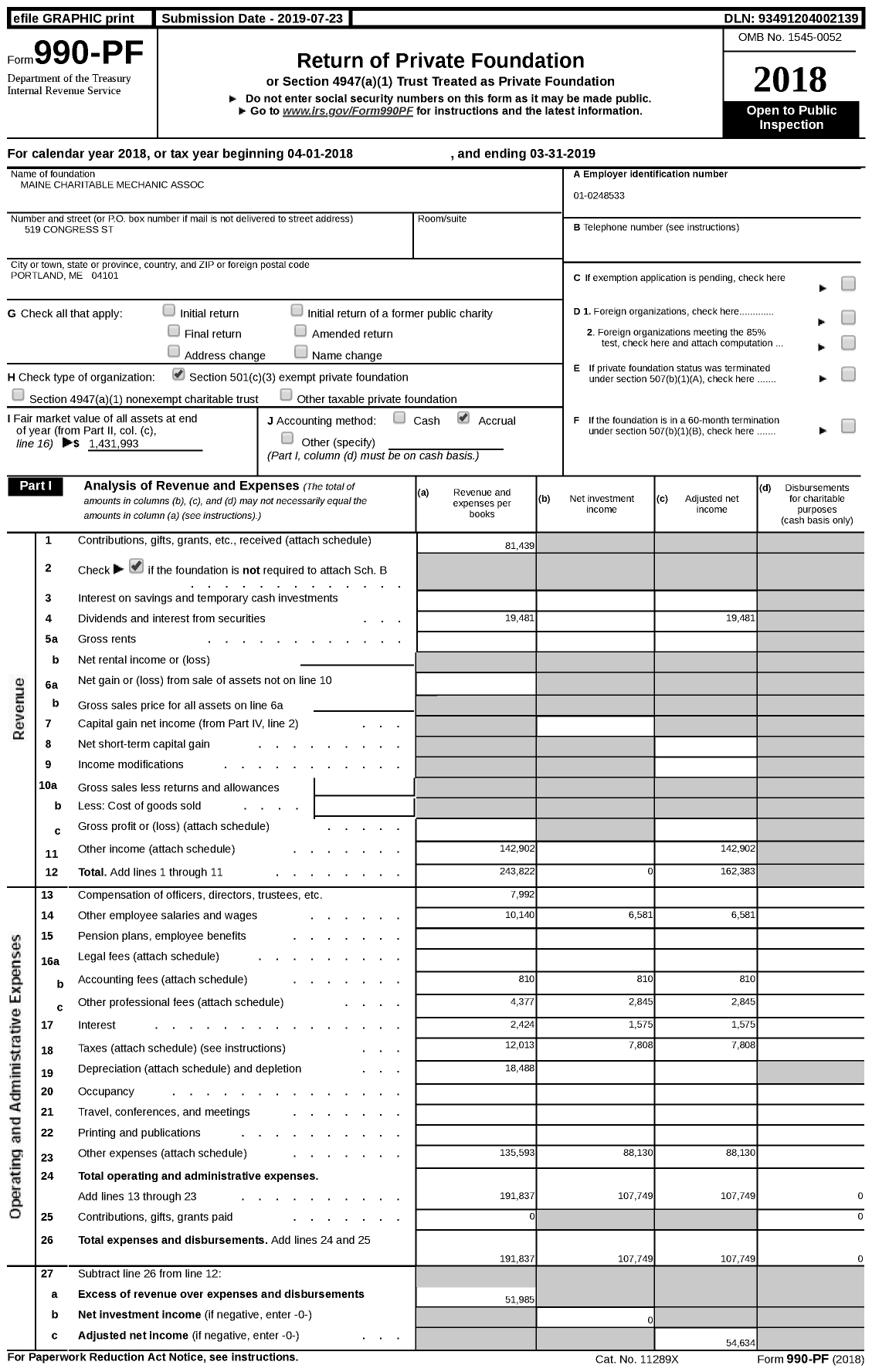 Image of first page of 2018 Form 990PF for Maine Charitable Mechanic Association