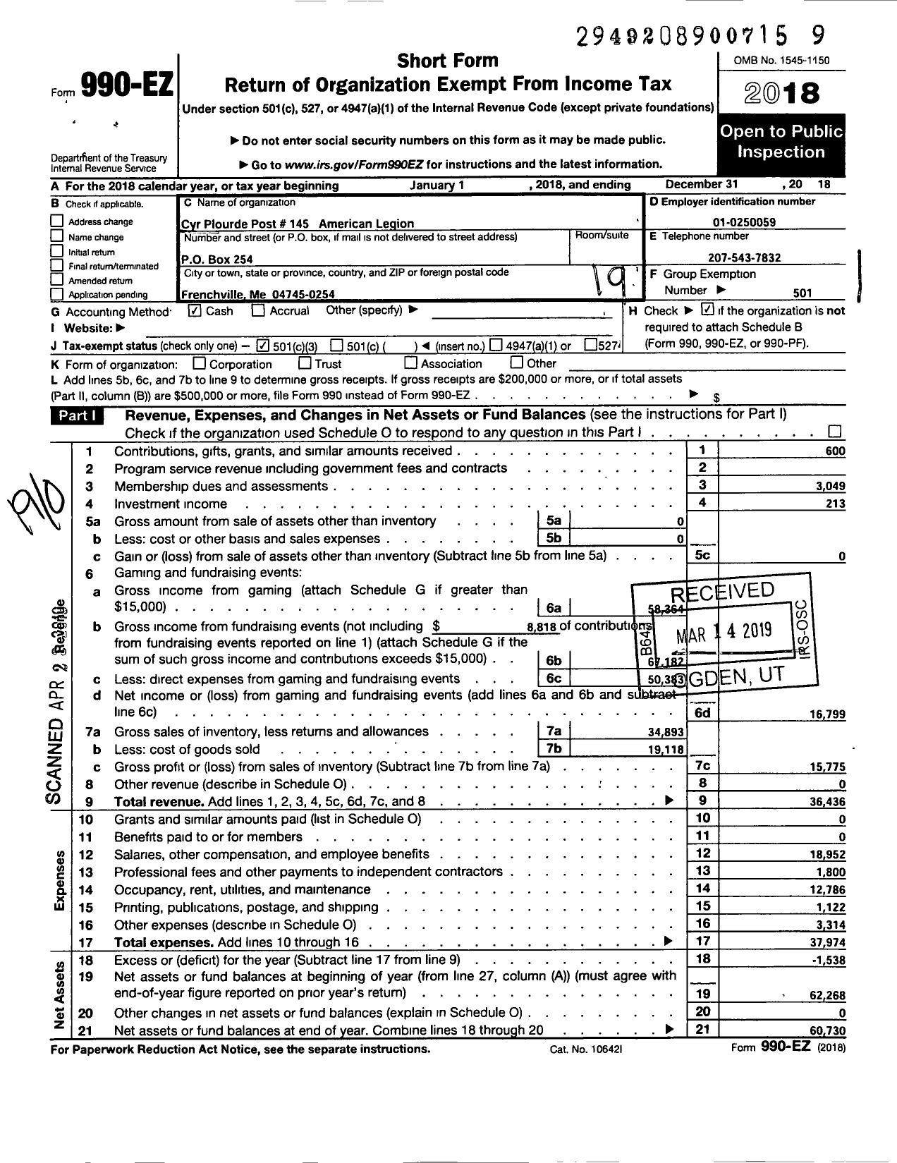 Image of first page of 2018 Form 990EO for American Legion - Cyr Plourde Post 145