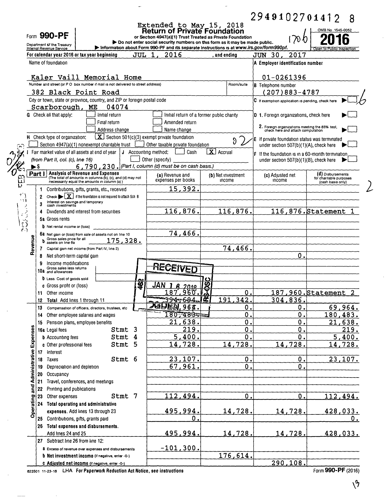 Image of first page of 2016 Form 990PF for Kaler Vaill Memorial Home