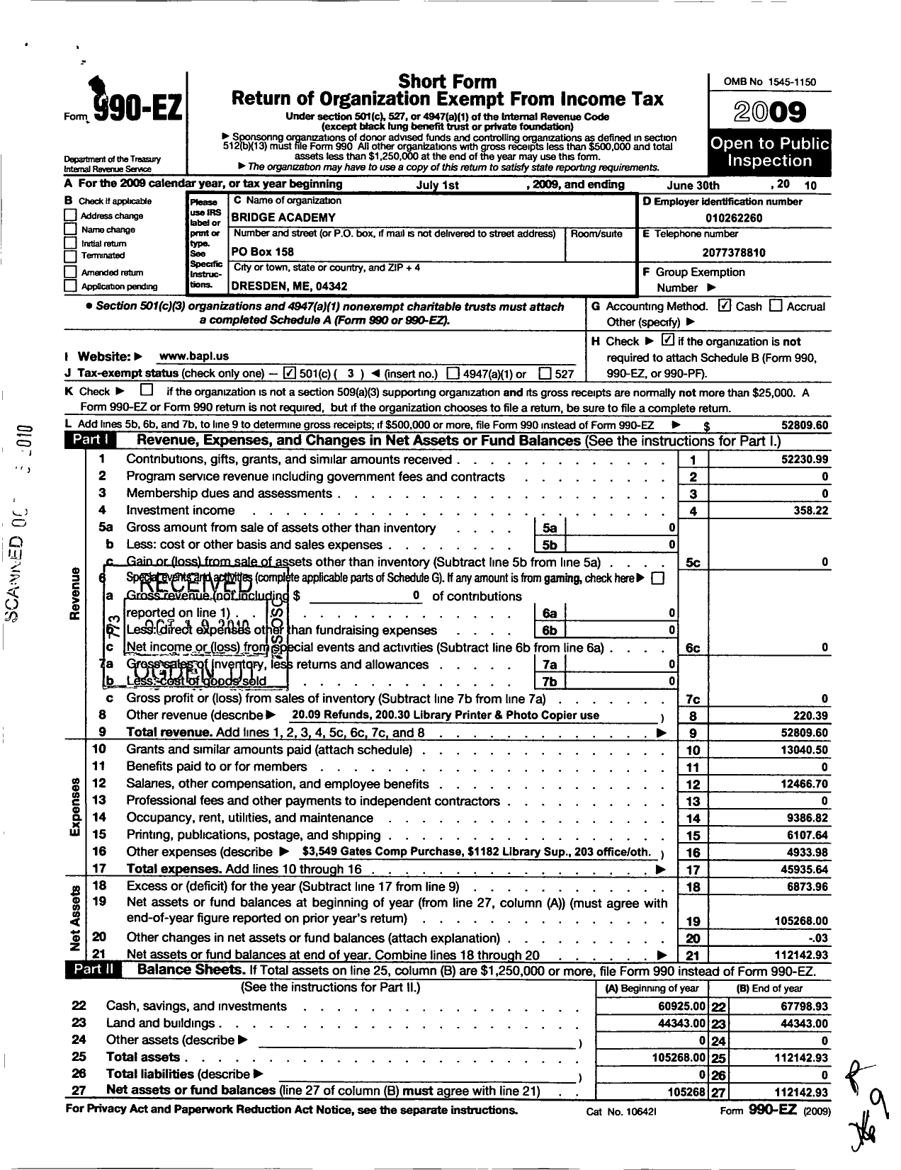 Image of first page of 2009 Form 990EZ for Bridge Academy