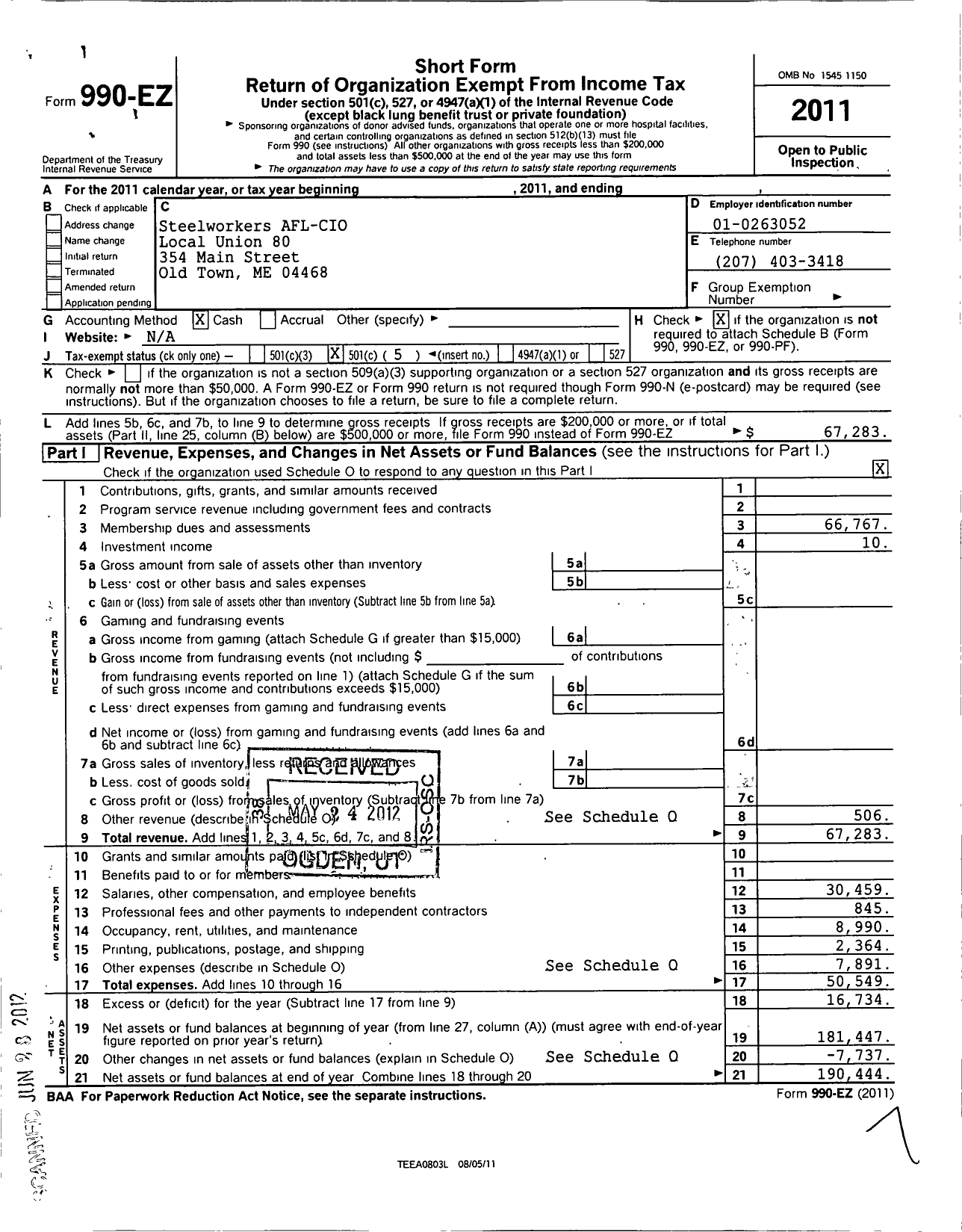 Image of first page of 2011 Form 990EO for United Steelworkers - 4-00080 Local