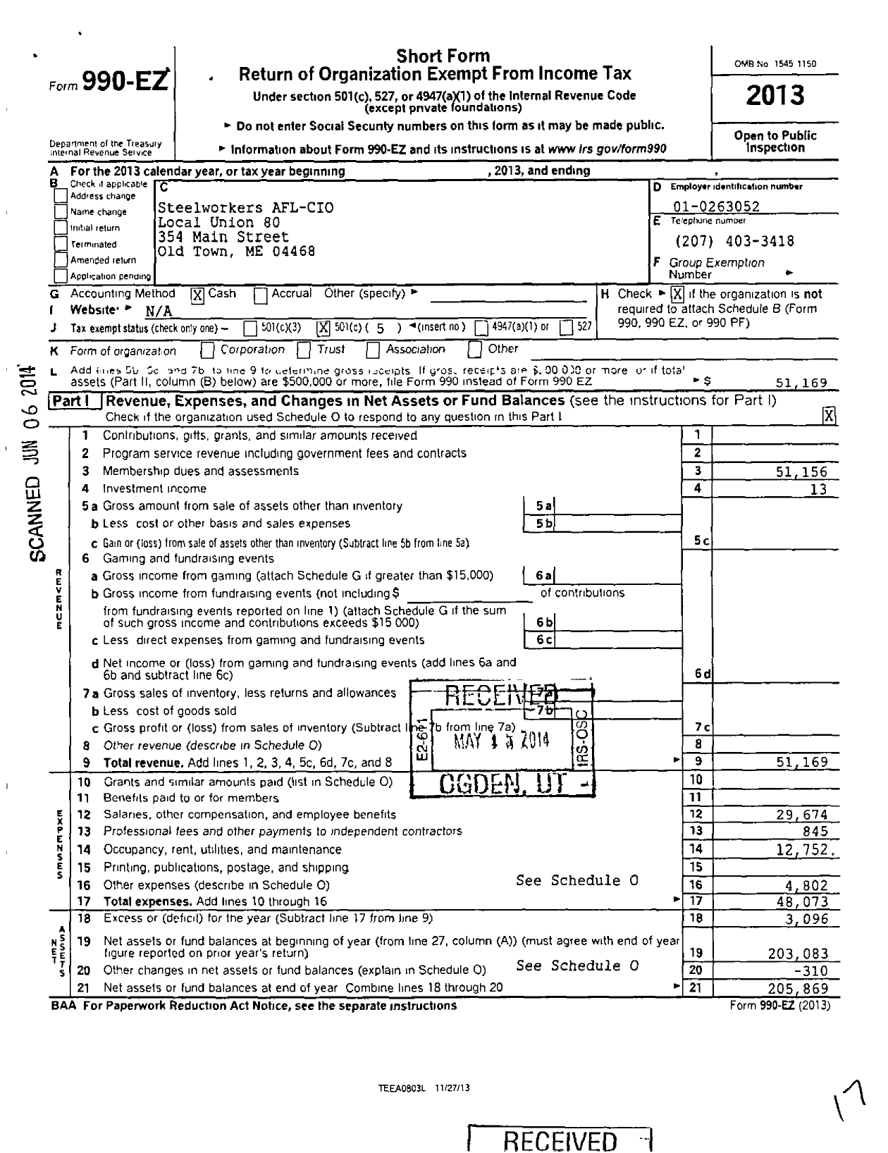 Image of first page of 2013 Form 990EO for United Steelworkers - 4-00080 Local