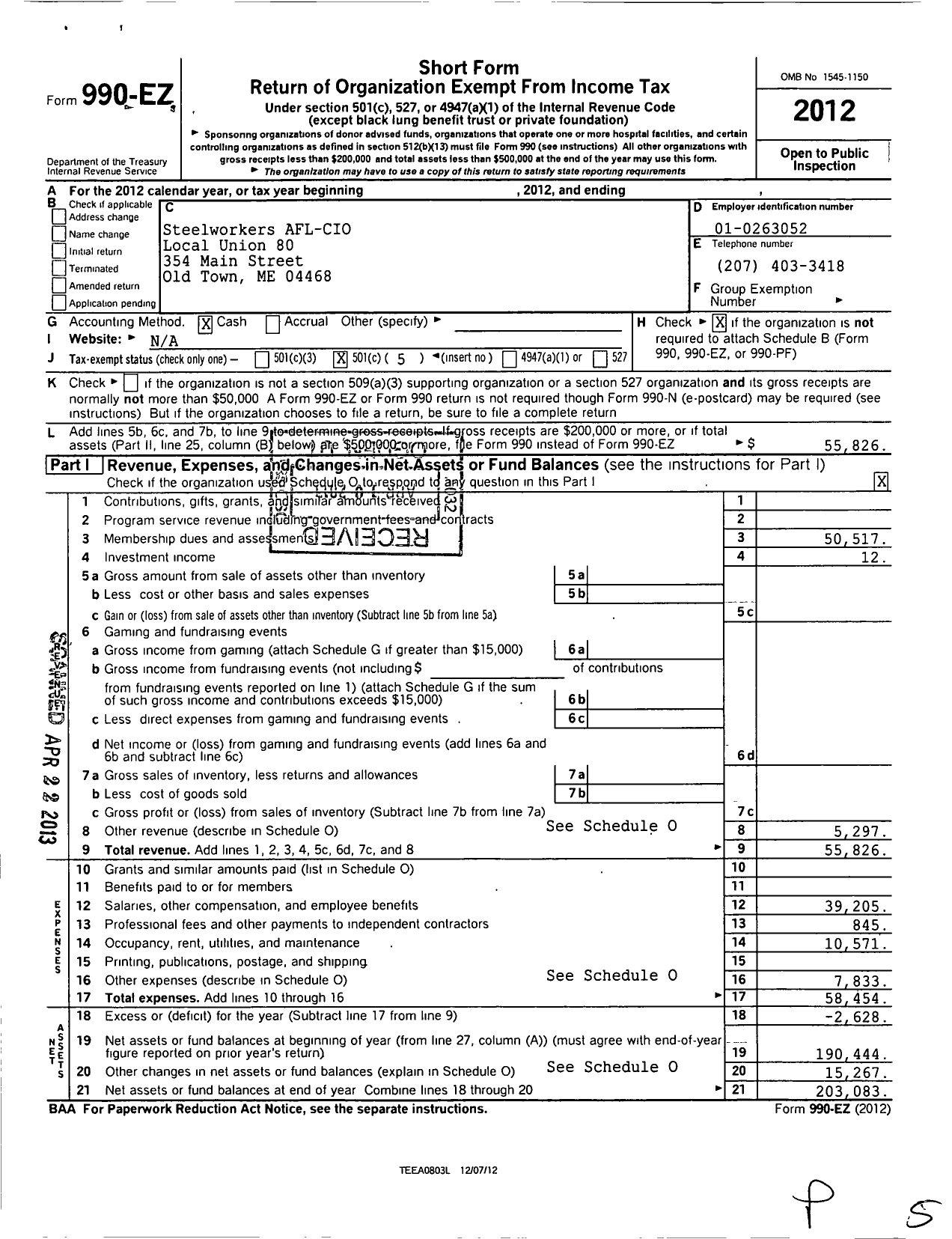 Image of first page of 2012 Form 990EO for United Steelworkers - 4-00080 Local