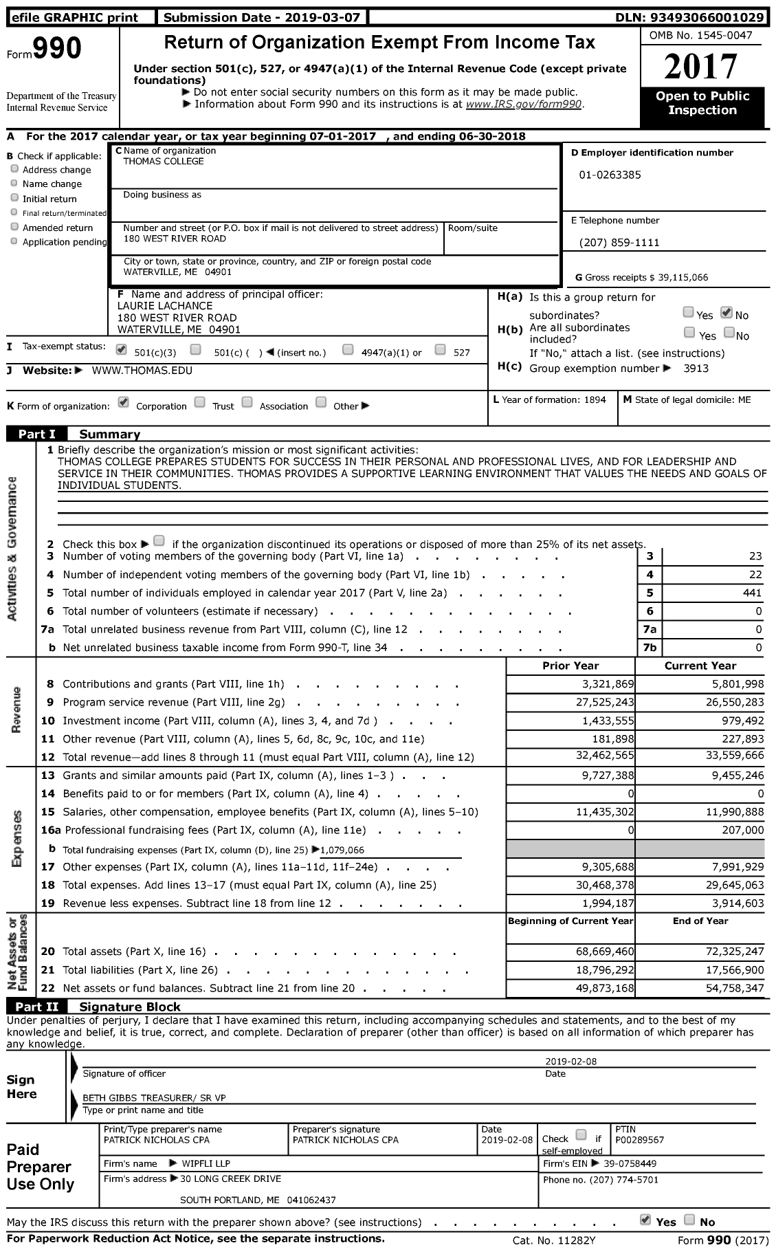 Image of first page of 2017 Form 990 for Thomas College