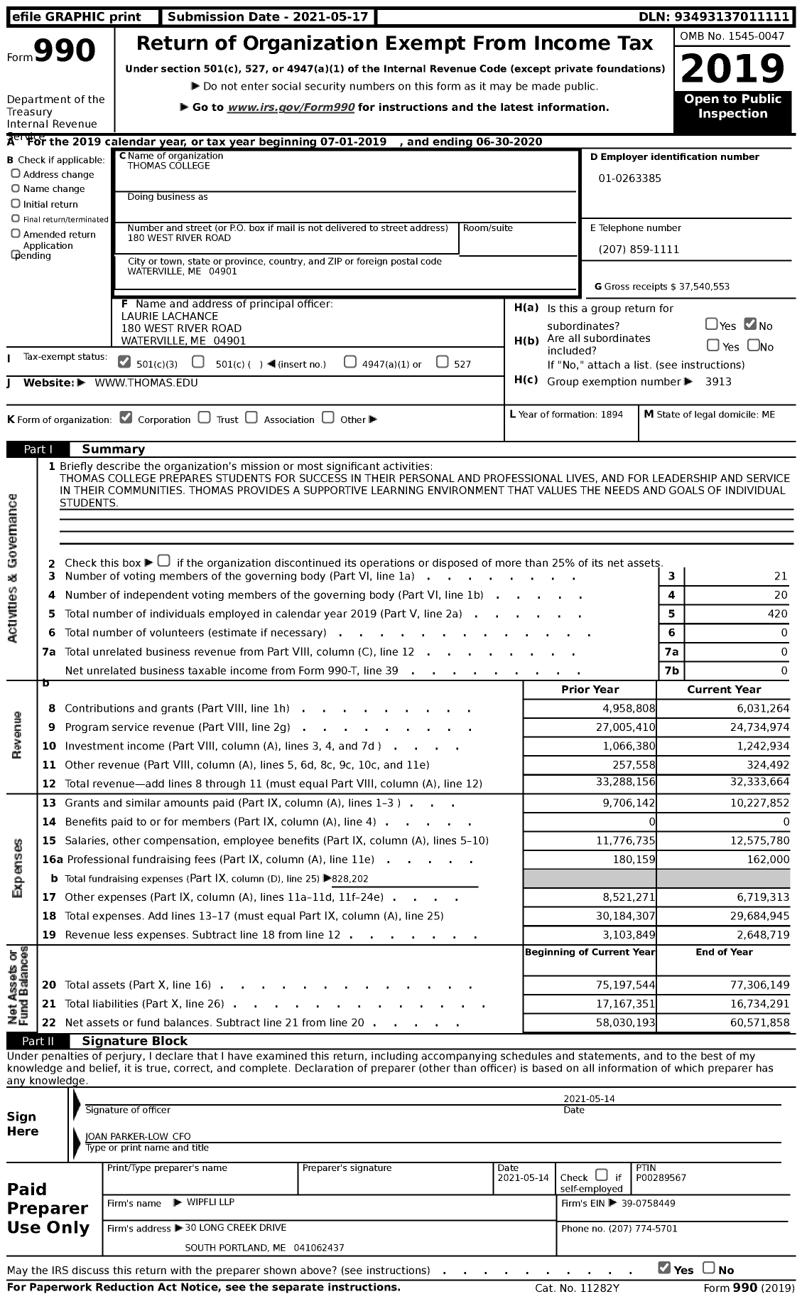 Image of first page of 2019 Form 990 for Thomas College