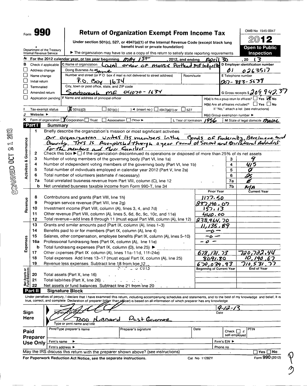 Image of first page of 2012 Form 990 for Portland Lodge No 1310 Loyal Order of moose